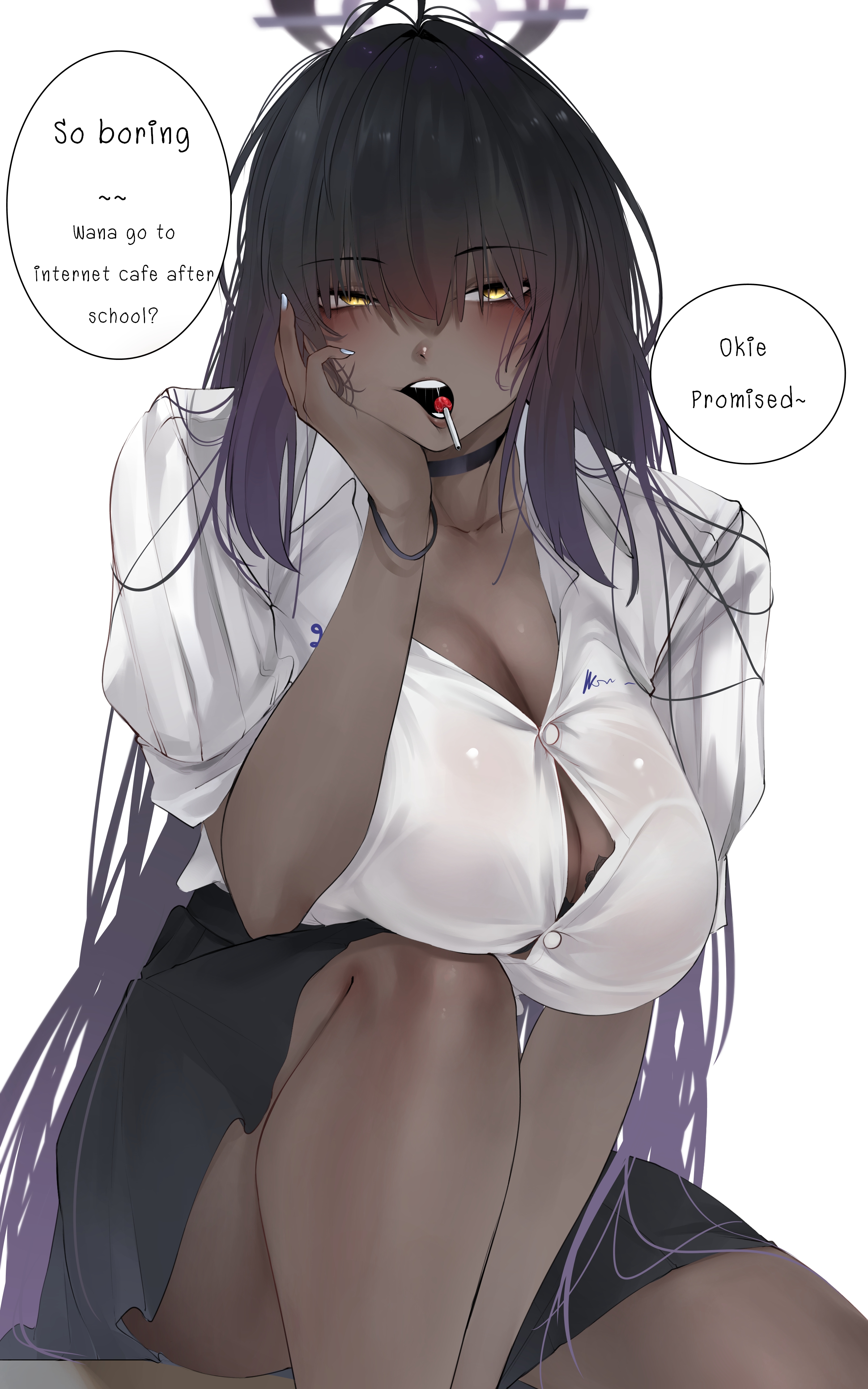 amtv8428, karin (blue archive), blue archive, absurdres, commentary, english commentary, highres, 1girl, alternate costume, black choker, black hair, black skirt, breasts, candy, choker, dark-skinned female, dark skin, english text, food, gradient hair, halo, hand on own face, large breasts, lollipop, long hair, multicolored hair, purple hair, school uniform, shirt, simple background, skirt, speech bubble, very long hair, white shirt, yellow eyes