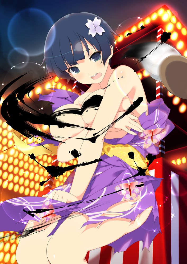 yaegashi nan, yozakura (senran kagura), senran kagura, senran kagura new wave, senran kagura shinovi versus, non-web source, official art, 1girl, animal print, arm under breasts, backlighting, bare shoulders, blue eyes, blue hair, blunt bangs, blush, breasts, breasts out, bug, butterfly, butterfly print, butterfly print kimono, calligraphy brush, clothes tug, convenient censoring, covering breasts, covering crotch, covering privates, embarrassed, festival, flower, from below, hair flower, hair ornament, heavy lens flare, ink, ink on breast, insect, japanese clothes, kimono, large breasts, lens flare, light particles, looking at viewer, motion blur, night, obi, open mouth, outdoors, paintbrush, purple kimono, round teeth, sash, short hair, solo, sparkle, stage, stage lights, standing, summer festival, tareme, teeth, torn clothes, torn kimono
