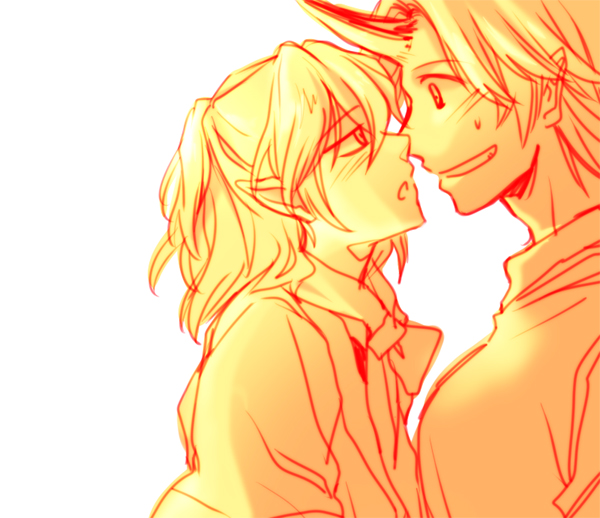 re ghotion, hoshiguma yuugi, mizuhashi parsee, touhou, 2girls, blush, eye contact, female focus, half updo, horns, imminent kiss, looking at another, monochrome, multiple girls, pointy ears, short hair, single horn, smile, sweat, yuri