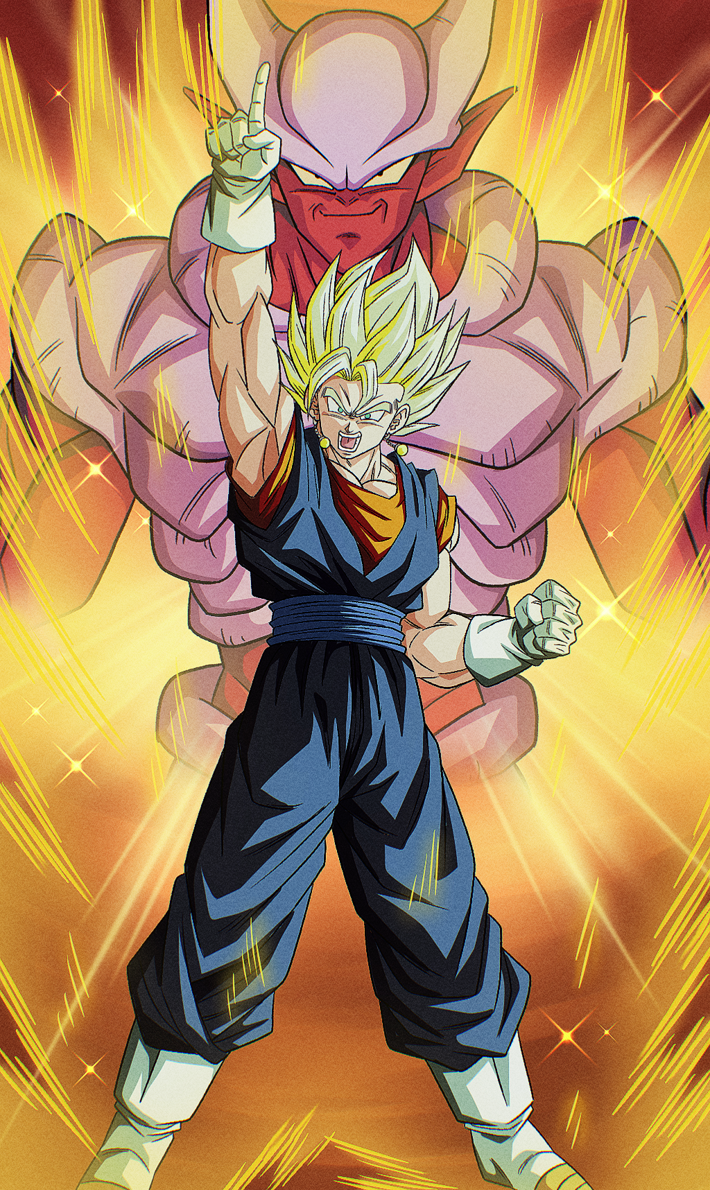 buraku black, janemba, vegetto, dragon ball, dragonball z, highres, 2boys, aura, blonde hair, blue pants, blue sash, blue shirt, boots, colored sclera, colored skin, earrings, full body, gloves, green eyes, jewelry, male focus, multiple boys, muscular, muscular male, orange shirt, pants, pointy ears, potara earrings, red skin, sash, shirt, spiked hair, super saiyan, super saiyan 1, white boots, white gloves, yellow sclera