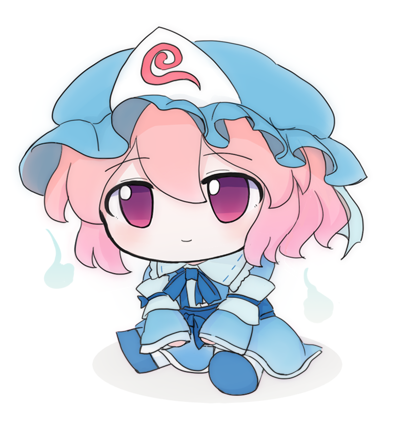 azuma meri, saigyouji yuyuko, touhou, commentary request, 1girl, belt, blue belt, blue bow, blue bowtie, blue hat, blue kimono, blue shoes, blue veil, blush, bow, bowtie, chibi, chibi only, closed mouth, collared kimono, full body, hair between eyes, hat, hitodama, japanese clothes, juliet sleeves, kimono, long sleeves, looking afar, mob cap, pink hair, puffy sleeves, purple eyes, shadow, shoes, short hair, simple background, sitting, smile, solo, spread legs, triangular headpiece, veil, wavy hair, white background, wide sleeves