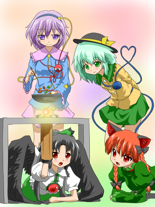 fueiku, kaenbyou rin, komeiji koishi, komeiji satori, reiuji utsuho, touhou, bad id, bad pixiv id, 4girls, animal ears, arm cannon, black hair, braid, cooking, female focus, food, green eyes, green hair, hat, long hair, multiple girls, mundane utility, purple eyes, purple hair, red eyes, red hair, ribbon, short hair, twin braids, weapon