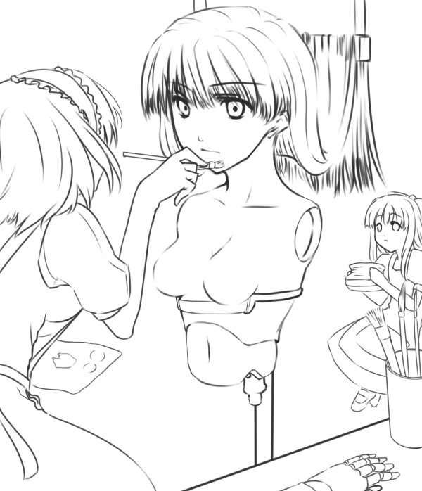 haruichi (komikal), alice margatroid, touhou, 1girl, art brush, breasts, doll, dress, female focus, greyscale, hairband, long hair, monochrome, paintbrush, short hair, solo, white background