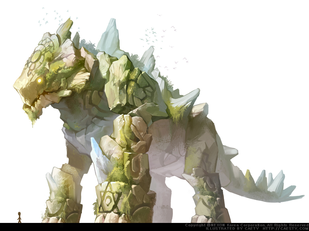 caesty, nexon, tales weaver, commentary request, korean commentary, official art, artist name, bird, company name, copyright notice, crystal, dated commentary, english text, full body, glowing, glowing eyes, gradel, height difference, hexagram, monster, monster focus, overgrown, production art, reference sheet, simple background, solo focus, spiked tail, standing, stick figure, tail, watermark, web address, white background, yellow eyes