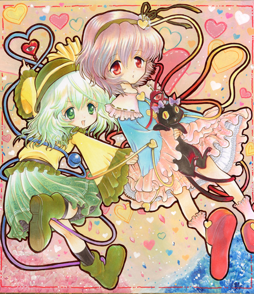 sakurai tamako, tama tamako sakurai, kaenbyou rin, kaenbyou rin (cat), komeiji koishi, komeiji satori, touhou, traditional media, >:), 2girls, :d, cat, female focus, green eyes, green hair, hairband, hat, heart, heart of string, multiple girls, open mouth, pink hair, red eyes, shikishi, short hair, siblings, sisters, slippers, smile, v-shaped eyebrows