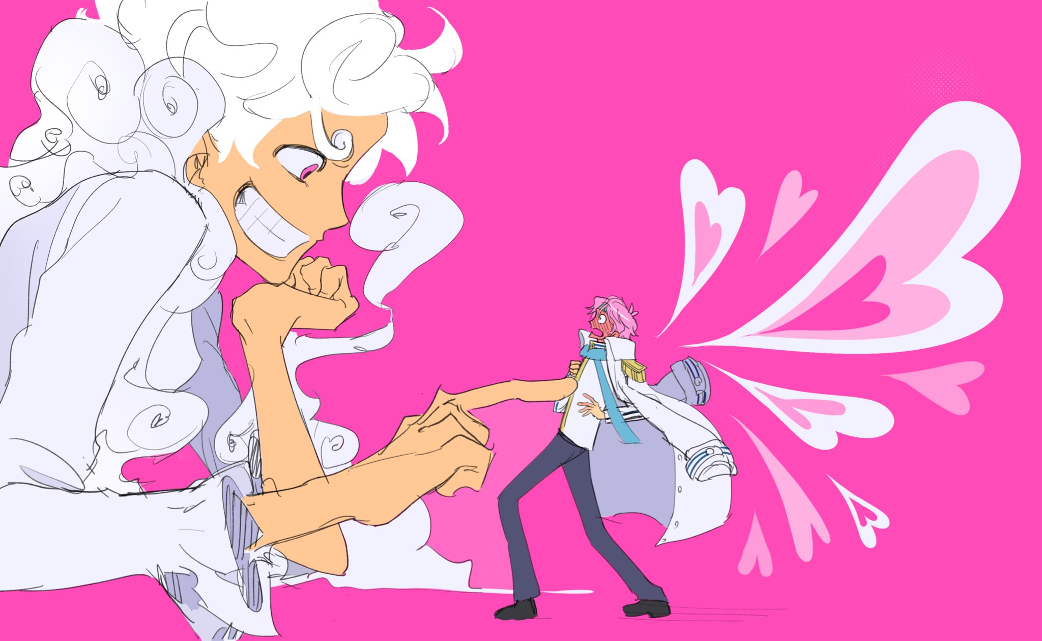 pachi1014813, koby (one piece), monkey d. luffy, one piece, commentary, highres, symbol-only commentary, 2boys, alternate form, clenched teeth, coat, coat on shoulders, epaulettes, gear fifth, giant, head rest, heart, male focus, multiple boys, pink background, pink eyes, pink hair, shirt, short hair, simple background, teeth, white hair, white shirt