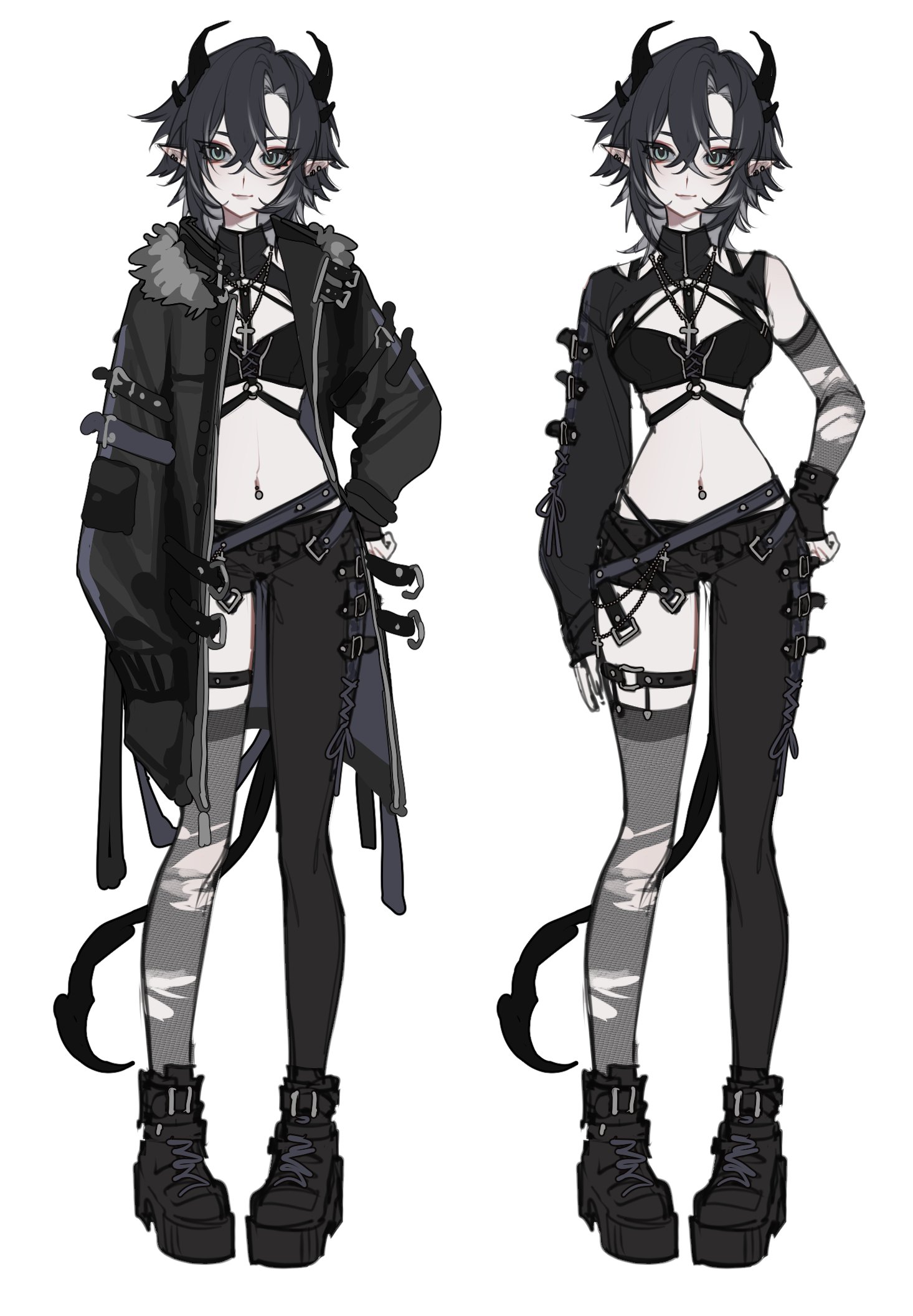 character request, commentary, copyright request, english commentary, highres, 1girl, asymmetrical clothes, black boots, black bra, black coat, black gloves, black hair, black pants, black thighhighs, boots, bra, breasts, closed mouth, coat, copyright name, crossed bangs, detached sleeves, ear piercing, fingerless gloves, full body, gloves, grey eyes, hair between eyes, horns, looking at viewer, medium breasts, multiple views, navel, navel piercing, open clothes, open coat, pants, piercing, pointy ears, short hair, shrug (clothing), simple background, single detached sleeve, single pantsleg, single thighhigh, smile, tail, thighhighs, torn clothes, torn thighhighs, underwear, vein (hkel64), white background