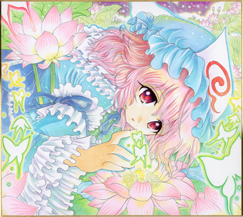 sakurai tamako, tama tamako sakurai, saigyouji yuyuko, touhou, bad id, bad pixiv id, lowres, traditional media, 1girl, bug, butterfly, female focus, flower, glowing, hat, pink hair, red eyes, ribbon, shikishi, short hair, solo