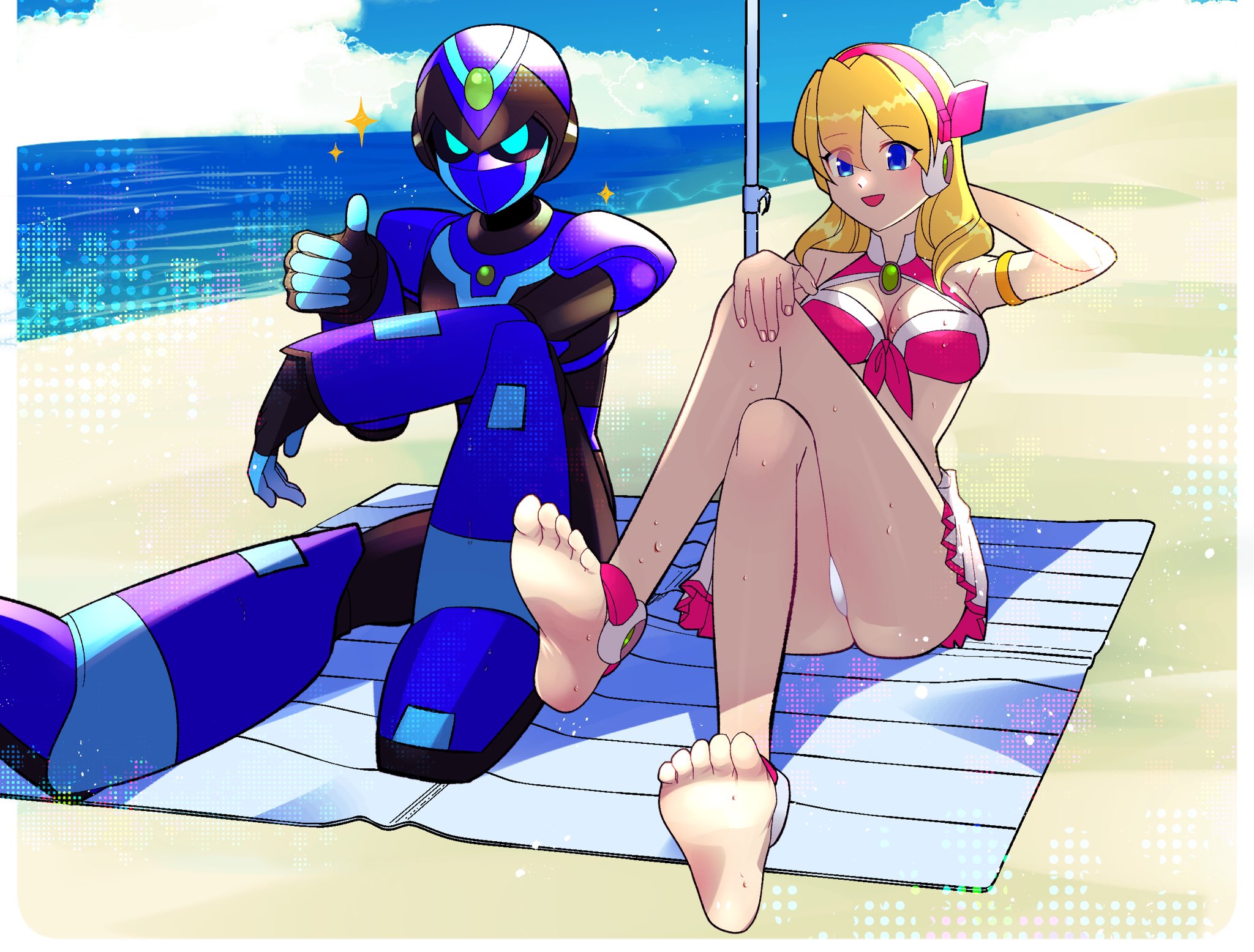 rikka (user hruv2435), alia (mega man), x (mega man), mega man (series), mega man x (series), commentary, english commentary, highres, 1boy, 1girl, alternate universe, android, anklet, arm on knee, armor, barefoot, beach, blonde hair, blue armor, blue eyes, blue sky, breasts, cloud, cloudy sky, crossed legs, faceless, hand on own knee, headband, humanoid robot, jewelry, knees, large breasts, mechanical arms, mechanical legs, no pupils, ocean, open mouth, pink headband, robot, robot ears, robot girl, sitting, skirt, sky, smile, soles, swimsuit, swimsuit alia (mega man), thumbs up, toes, white skirt
