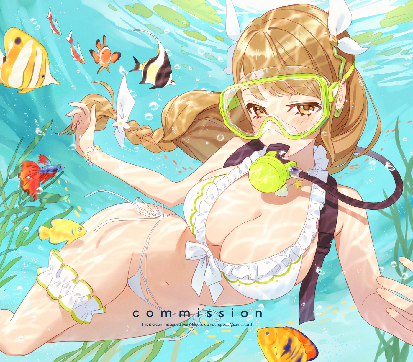 sumustard, goldmary (fire emblem), goldmary (summer) (fire emblem), fire emblem, fire emblem engage, fire emblem heroes, nintendo, commentary, commission, english commentary, highres, 1girl, air bubble, bare arms, bikini, blonde hair, blush, bow, braid, breasts, bubble, coral, diving, diving mask, fish, flippers, frilled bikini, frilled thigh strap, frills, front-tie bikini top, front-tie top, goggles, hair bow, hair ornament, large breasts, looking at viewer, navel, official alternate costume, scuba, scuba gear, scuba tank, side-tie bikini bottom, sideboob, skindentation, solo, stomach, swimming, swimsuit, thigh strap, thighs, underwater, white bikini, yellow eyes