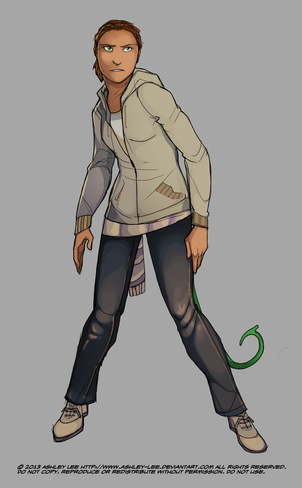 original, commentary, english commentary, 1girl, breasts, clothes around waist, contrapposto, dated, denim, english text, full body, greekceltic, green eyes, hood, hoodie, jacky (greekceltic), jeans, medium hair, orange hair, pants, ponytail, scarf, shirt, shoes, signature, simple background, smile, solo, tail, white shirt, zipper