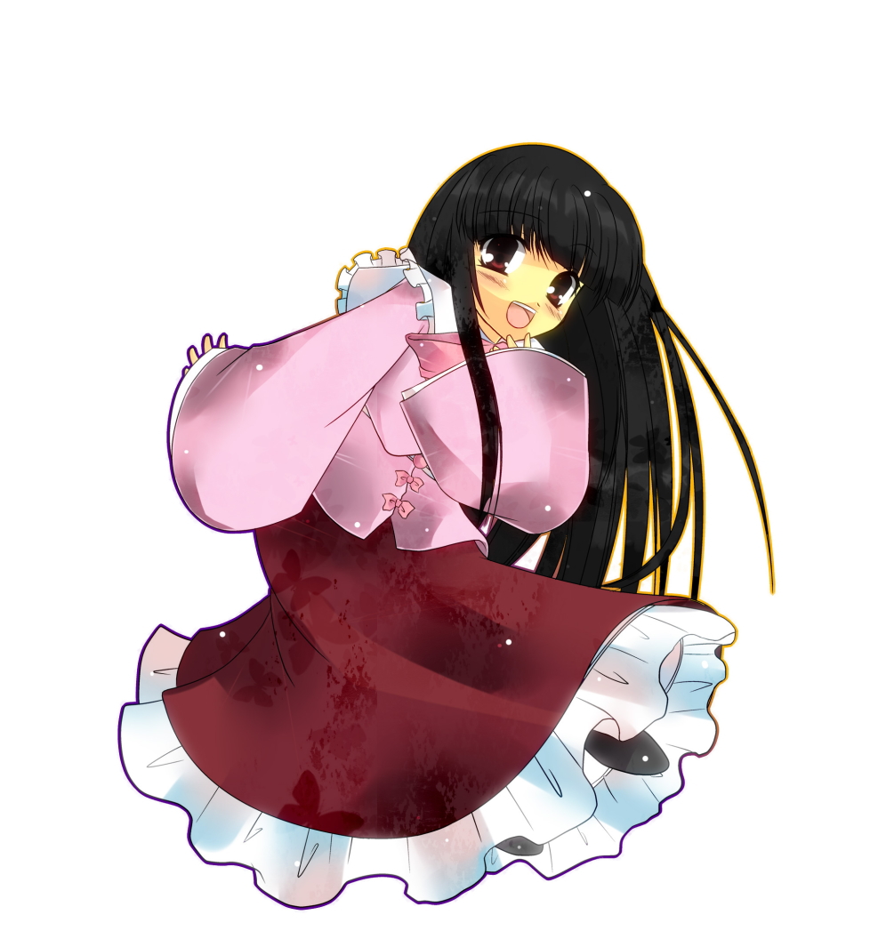narumi (sweet-potato), tsubame (00riko), tsubame shinderu, houraisan kaguya, touhou, colorized, 1girl, black hair, female focus, leaning forward, lineart, long hair, long sleeves, monochrome, open mouth, red eyes, simple background, sleeves past wrists, solo, teeth, white background