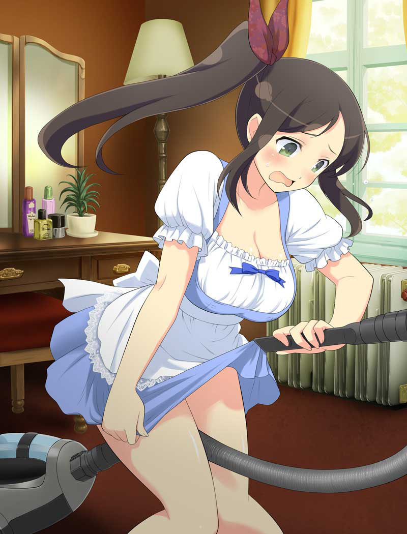murakumo (senran kagura), senran kagura, senran kagura new wave, senran kagura shinovi versus, non-web source, 1girl, apron, between legs, blue bow, blue dress, blush, bottle, bow, breasts, brown carpet, brown hair, carpet, chest of drawers, cleavage, collarbone, dress, embarrassed, frilled dress, frilled sleeves, frills, green eyes, hair bow, hair ribbon, heater, indoors, lace-trimmed apron, lace trim, lamp, large breasts, long hair, maid, maid apron, mirror, no mask, open mouth, perfume bottle, pigeon-toed, plant, potted plant, puffy short sleeves, puffy sleeves, ribbon, shiny skin, short dress, short sleeves, side ponytail, solo, standing, stool, swept bangs, vacuum cleaner, wardrobe malfunction