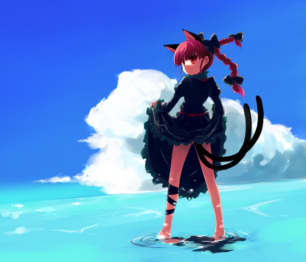 shin (new), kaenbyou rin, touhou, 1girl, animal ears, braid, cat ears, cat girl, cat tail, clothes lift, cloud, day, dress, dress lift, female focus, hair ribbon, looking back, multiple tails, red eyes, red hair, ribbon, shallow water, short hair, skirt hold, sky, solo, tail, twin braids, twintails, wading, water