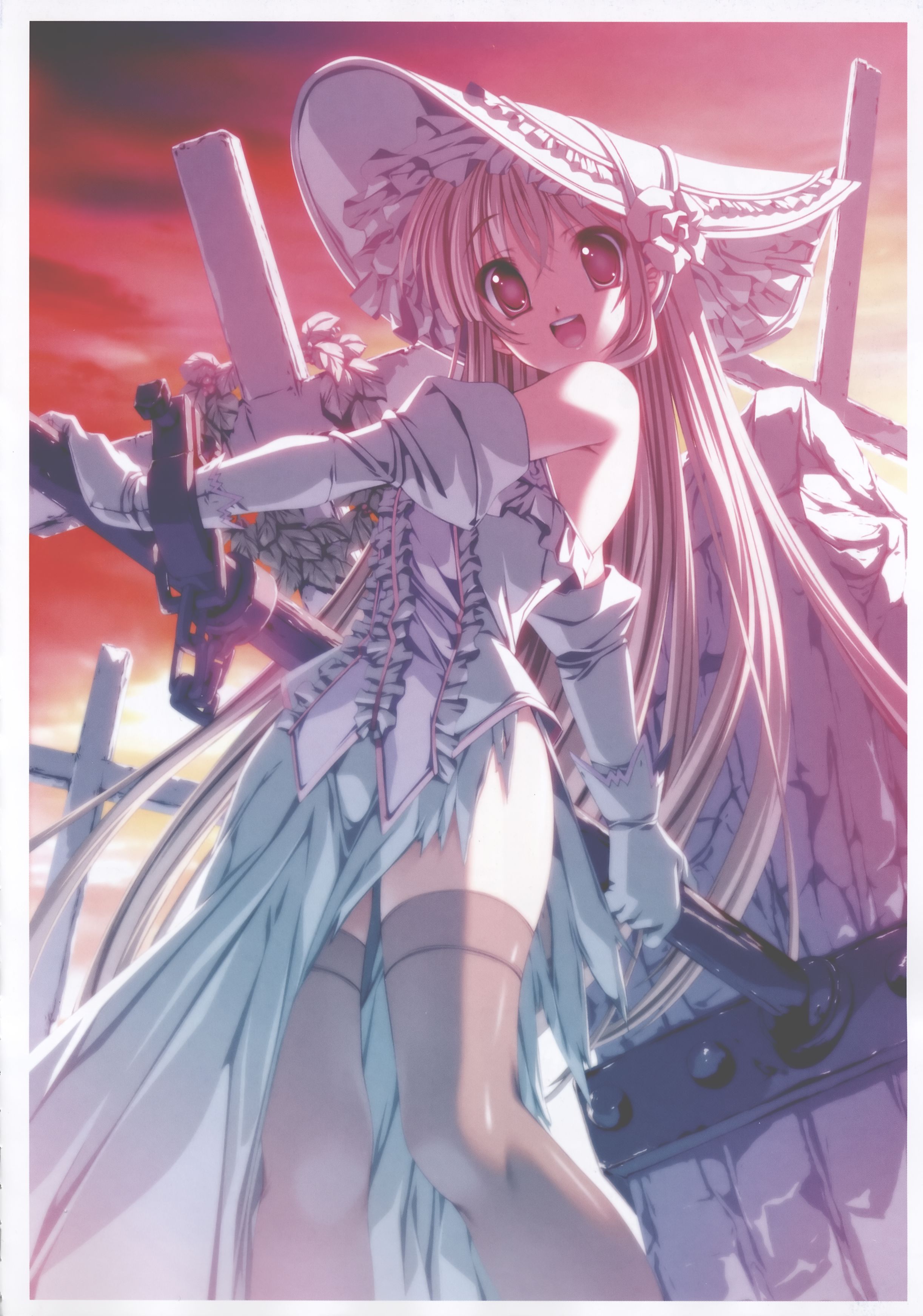 senomoto hisashi, girl's avenue, megami magazine, megami magazine deluxe, absurdres, highres, 1girl, blonde hair, bonnet, cross, dress, elbow gloves, female focus, gloves, hammer, hat, huge weapon, lolita fashion, long hair, purple eyes, solo, sunset, thighhighs, very long hair, weapon