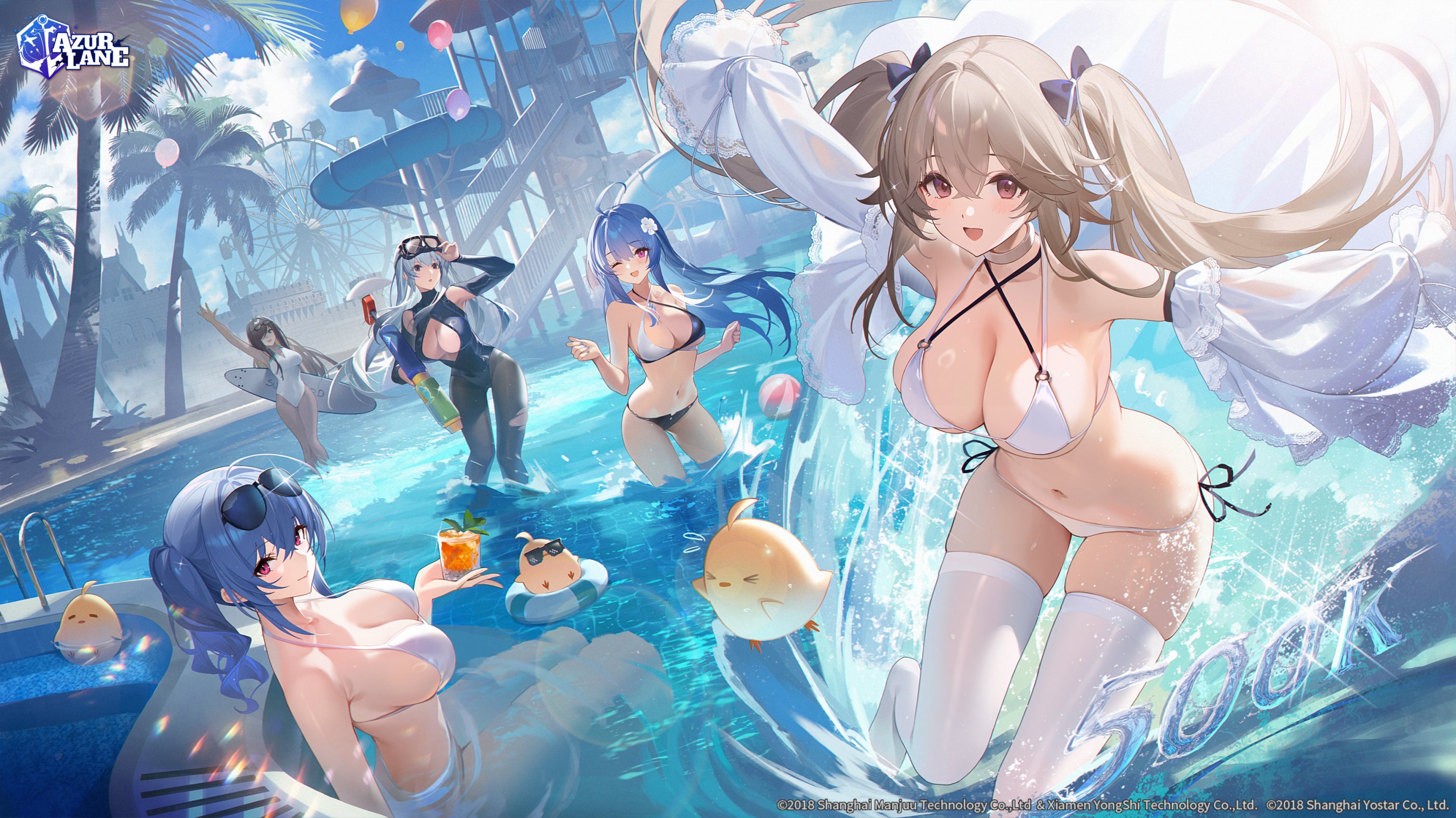 kexue, anchorage (azur lane), anchorage (dolphins and swim lessons) (azur lane), enterprise (azur lane), enterprise (diving under blue skies) (azur lane), helena (azur lane), helena (shimmering triangle wave) (azur lane), manjuu (azur lane), northampton (azur lane), northampton ii (azur lane), northampton ii (swimming star) (azur lane), st. louis (an afternoon on the lido deck) (azur lane), st. louis (azur lane), azur lane, commentary, english commentary, highres, official art, second-party source, 5girls, adjusting goggles, ahoge, amusement park, asymmetrical hair, aviator sunglasses, ball, balloon, beachball, bikini, black bikini, black bow, black hair, black pantyhose, black wetsuit, blue hair, blush, bodysuit, bow, breasts, brown hair, choker, cleavage, cleavage cutout, closed mouth, clothing cutout, competition swimsuit, copyright name, criss-cross halter, cropped jacket, crossed bangs, cup, dark-skinned female, dark skin, diving mask, diving mask on head, diving suit, drink, drinking glass, eyewear on head, feet out of frame, ferris wheel, flower, frilled sleeves, frills, glint, goggles, goggles on head, grey hair, guest art, hair bow, hair flower, hair ornament, halterneck, holding, holding cup, holding drink, holding surfboard, holding water gun, huge ahoge, jacket, lace-trimmed sleeves, lace trim, large breasts, lens flare, logo, long hair, looking at viewer, medium hair, milestone celebration, multiple girls, o-ring, o-ring bikini, official alternate costume, official alternate hairstyle, one-piece swimsuit, open clothes, open jacket, open mouth, outstretched arms, palm tree, pantyhose, partially submerged, pool, purple eyes, red eyes, scuba gear, side-tie bikini bottom, side ponytail, sideboob, sitting, skindentation, smile, splashing, split-color clothes, standing, sunglasses, surfboard, swim goggles, swimsuit, thighhighs, torn clothes, torn pantyhose, tree, twintails, wading, water gun, water slide, watermark, waving, wetsuit, white bikini, white choker, white jacket, white one-piece swimsuit, white thighhighs
