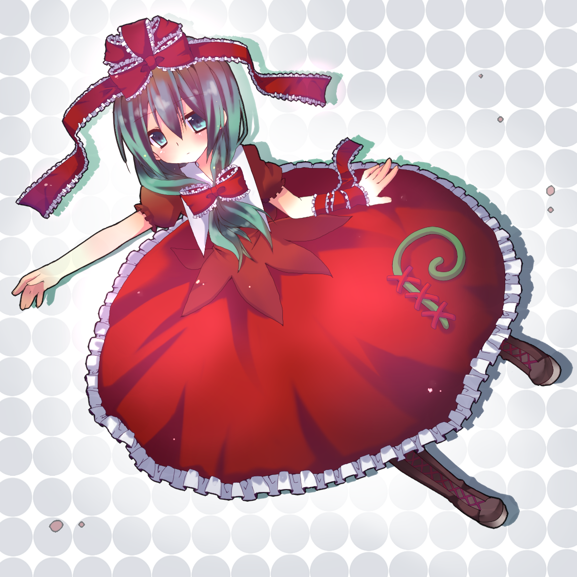 akai, kagiyama hina, touhou, bad id, bad pixiv id, 1girl, boots, female focus, full body, green eyes, green hair, hair ribbon, matching hair/eyes, ribbon, short hair, solo