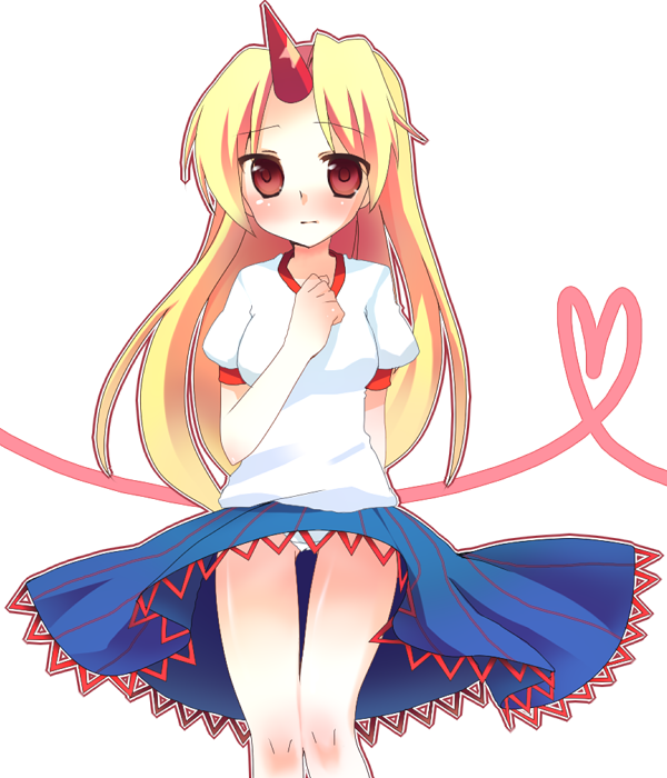 akai, hoshiguma yuugi, touhou, bad id, bad pixiv id, 1girl, aged down, blonde hair, blouse, female focus, horns, long hair, red eyes, shirt, simple background, solo, white background, white shirt