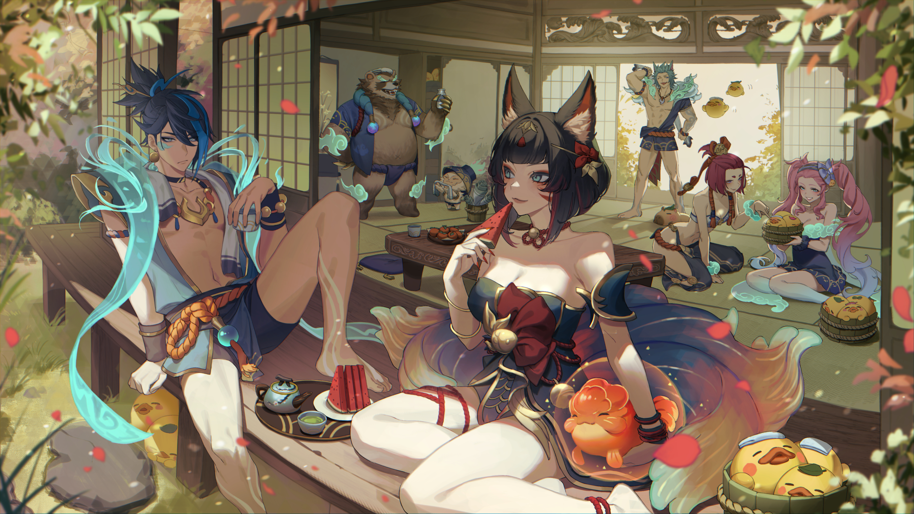 wosashimi, after hours spirit blossom springs ahri, ahri (league of legends), league of legends, character request, commentary request, highres, official art, second-party source, 3boys, 3girls, animal ear fluff, animal ears, architecture, bare shoulders, black hair, blue eyes, breasts, choker, detached sleeves, dress, east asian architecture, eyeshadow, facial mark, fish, food, fox ears, fruit, gold trim, goldfish, hair ornament, hairclip, kitsune, kyuubi, large breasts, looking at another, makeup, male swimwear, multicolored hair, multiple boys, multiple girls, multiple tails, official alternate costume, official alternate eye color, official alternate hair length, official alternate hairstyle, red choker, red eyeshadow, red streaks, ribbon choker, short hair, sitting, strapless, strapless dress, streaked hair, tail, tatami, watermelon, watermelon slice, whisker markings, yokozuwari