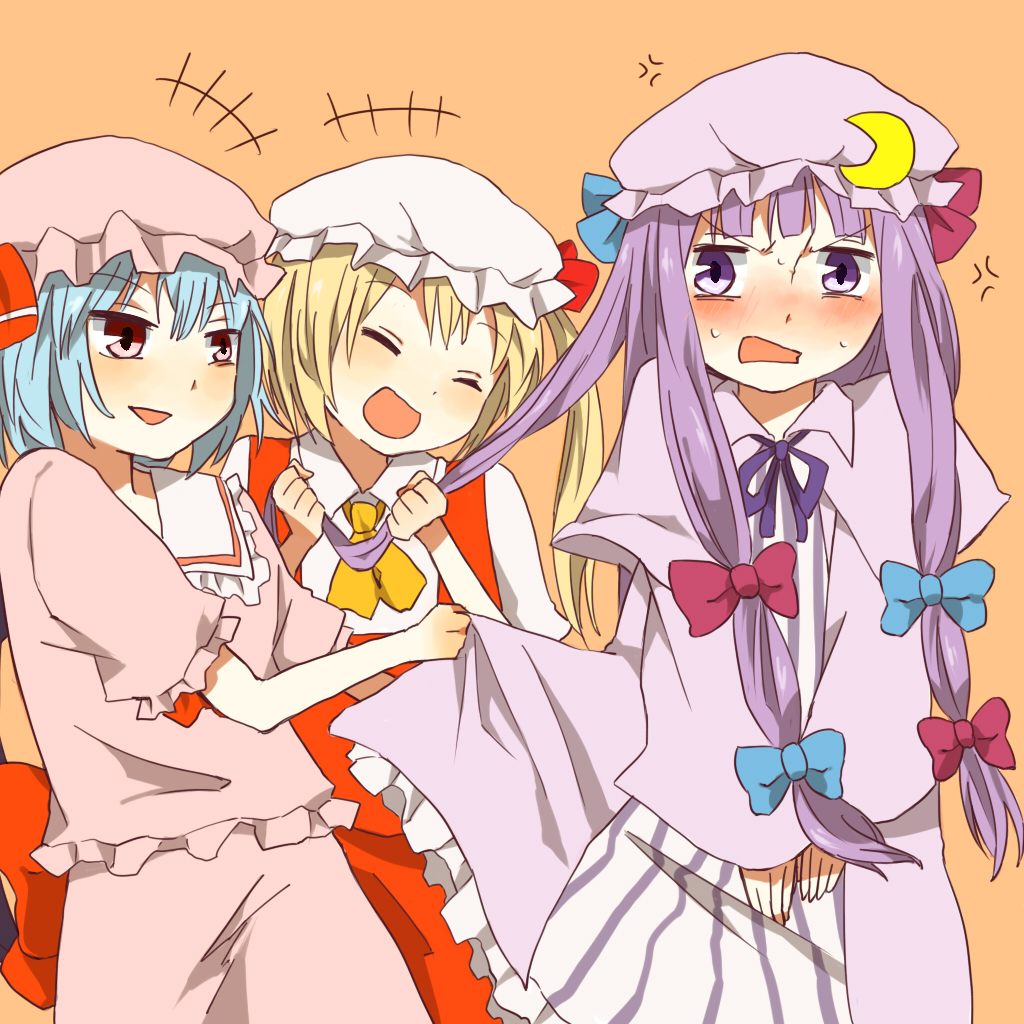 orange (artist), orange (bibiko), flandre scarlet, patchouli knowledge, remilia scarlet, embodiment of scarlet devil, touhou, bad id, bad pixiv id, +++, 3girls, angry, blonde hair, blush, female focus, hat, multiple girls, purple eyes, purple hair, red eyes, ribbon
