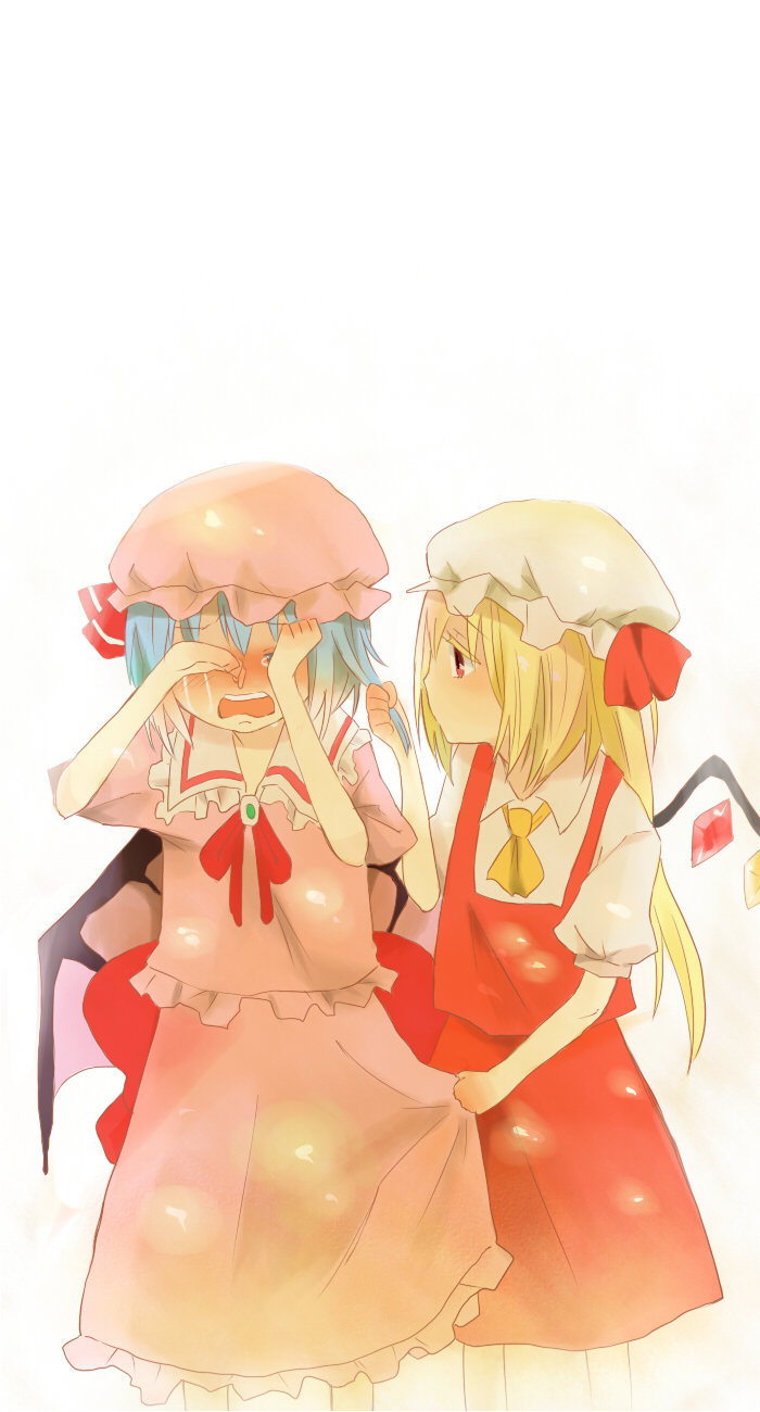 orange (artist), orange (bibiko), flandre scarlet, remilia scarlet, touhou, bad id, bad pixiv id, highres, 2girls, blush, crying, female focus, hat, multiple girls, short hair, siblings, sisters, tears