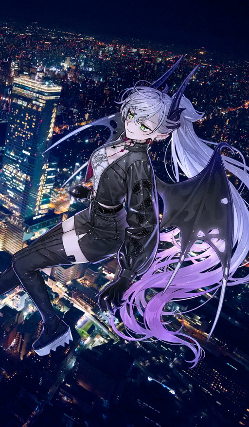 nipi27, lilith (fate), fate/grand order, fate (series), official art, 1girl, black boots, black hands, black jacket, black skirt, body markings, boots, breasts, choker, cityscape, cleavage, colored extremities, crossed bangs, demon girl, demon horns, demon wings, ear piercing, flying, green eyes, grey hair, hair between eyes, high ponytail, horns, jacket, lilith (over the same sky) (fate), long hair, long sleeves, medium breasts, pencil skirt, piercing, pointy ears, ponytail, shirt, skirt, smile, solo, thigh boots, thighhighs, very long hair, white shirt, wings