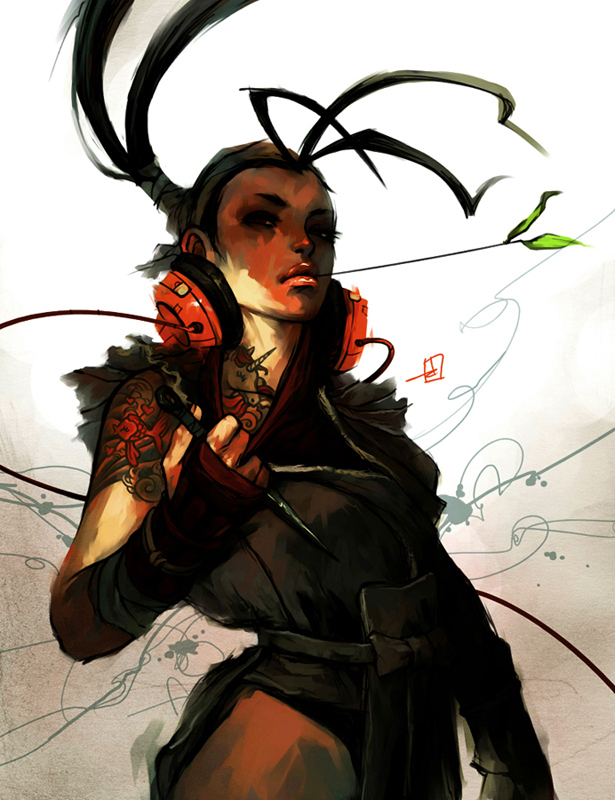 drigzabrot, ibuki (street fighter), capcom, street fighter, street fighter iii (series), 1girl, ahoge, alternate costume, clothing cutout, drigz abrot, female focus, fingerless gloves, gloves, headphones, hip vent, knife, lips, makeup, ninja, reverse grip, solo, tattoo, unicorn