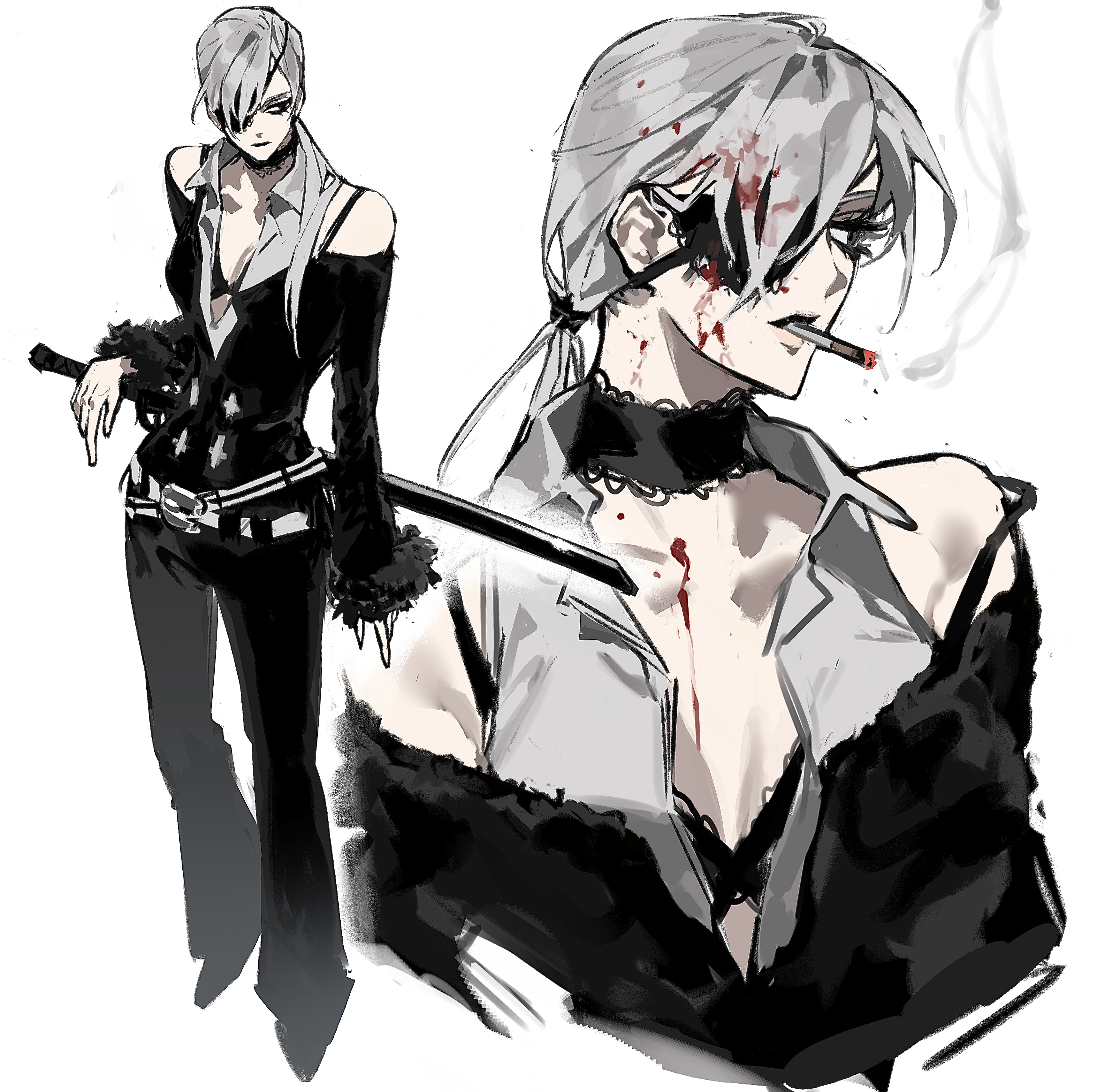 ma0ma0 0, quanxi (chainsaw man), chainsaw man, absurdres, highres, 1girl, arm at side, bare shoulders, belt, black choker, black eyes, black jacket, black pants, blood, blood in hair, blood on face, choker, cigarette, cropped torso, expressionless, eyepatch, full body, fur-trimmed jacket, fur-trimmed sleeves, fur trim, grey hair, grey shirt, hair over shoulder, jacket, katana, lace-trimmed choker, lace trim, looking to the side, low ponytail, multiple views, off shoulder, one eye covered, pants, ponytail, shirt, simple background, sleeveless, sleeveless shirt, smoke, smoking, standing, swept bangs, sword, upper body, weapon, white background