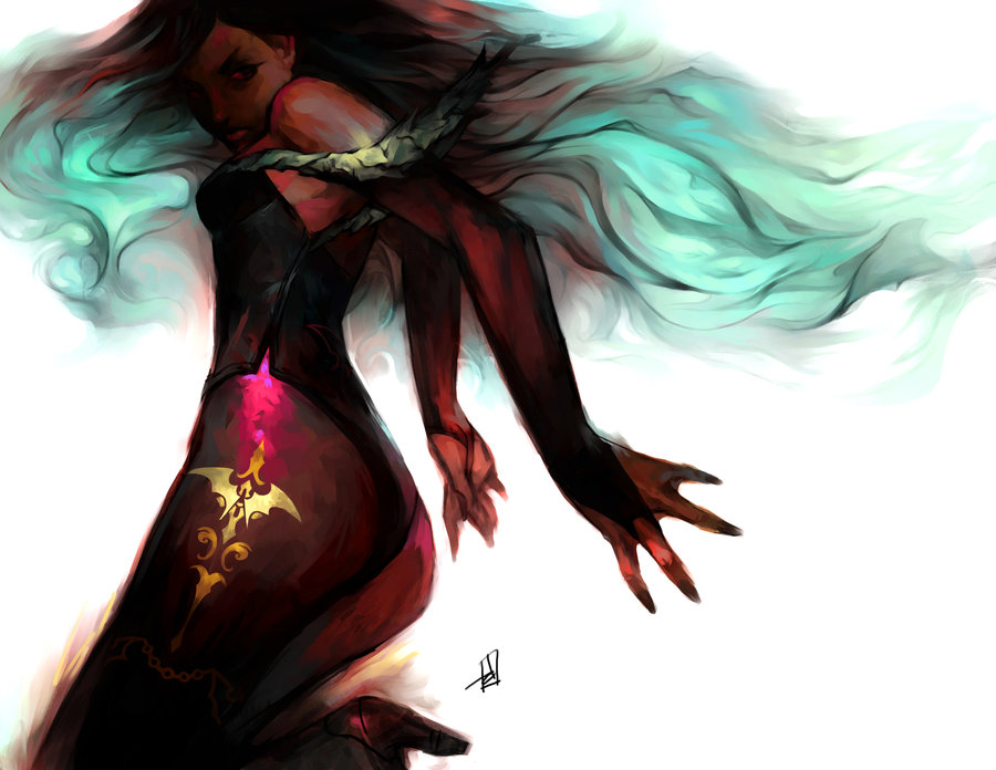 drigzabrot, morrigan aensland, capcom, darkstalkers, street fighter, 1girl, bare shoulders, bridal gauntlets, dark, demon, drigz abrot, female focus, floating hair, gradient hair, green hair, long hair, looking back, multicolored hair, pantyhose, signature, simple background, solo