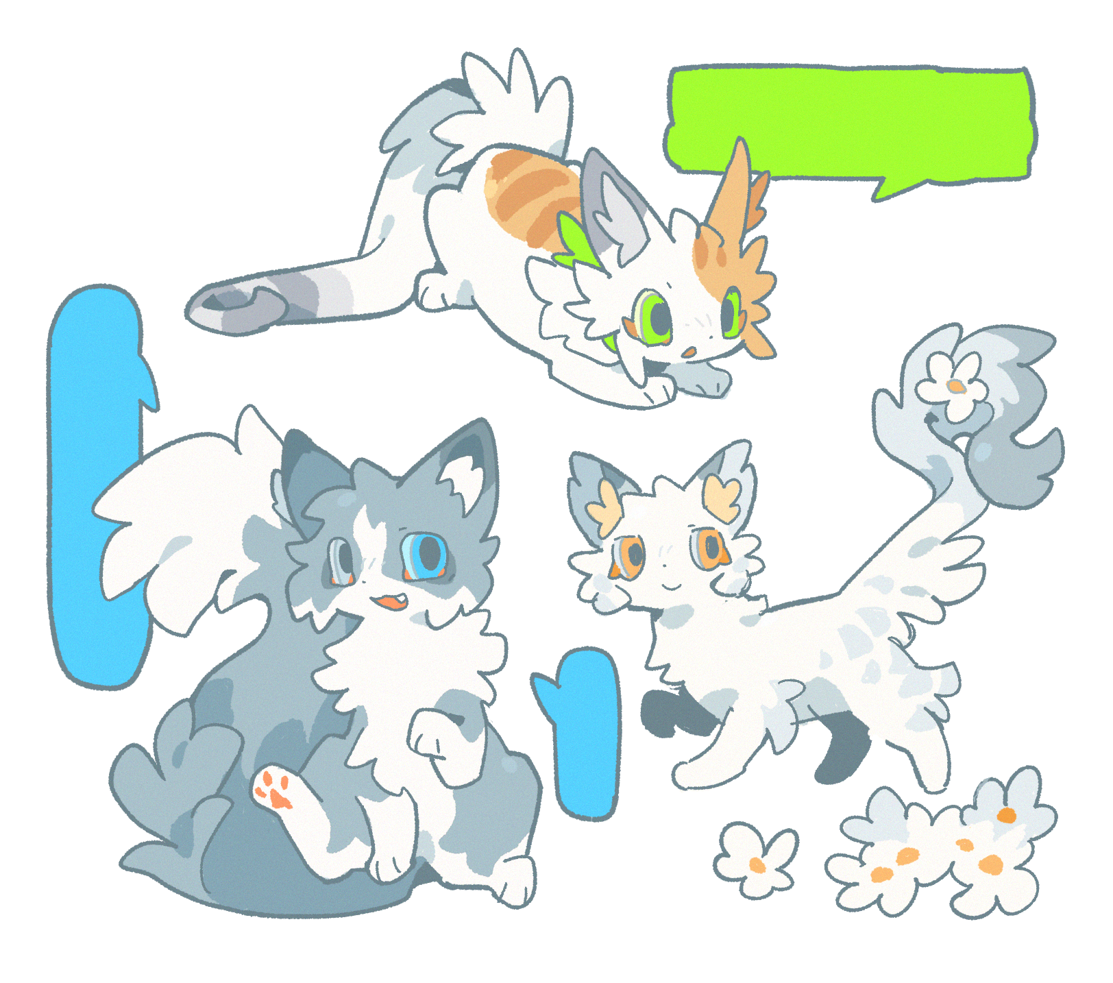 original, warrior cats, chinese commentary, commentary request, highres, animal, animal focus, blue eyes, cat, colored eyelashes, flower, green eyes, grey cat, grey fur, millet626, no humans, open mouth, orange fur, pawpads, simple background, sitting, speech bubble, tabby cat, thick lineart, white background, white cat, white flower, white fur