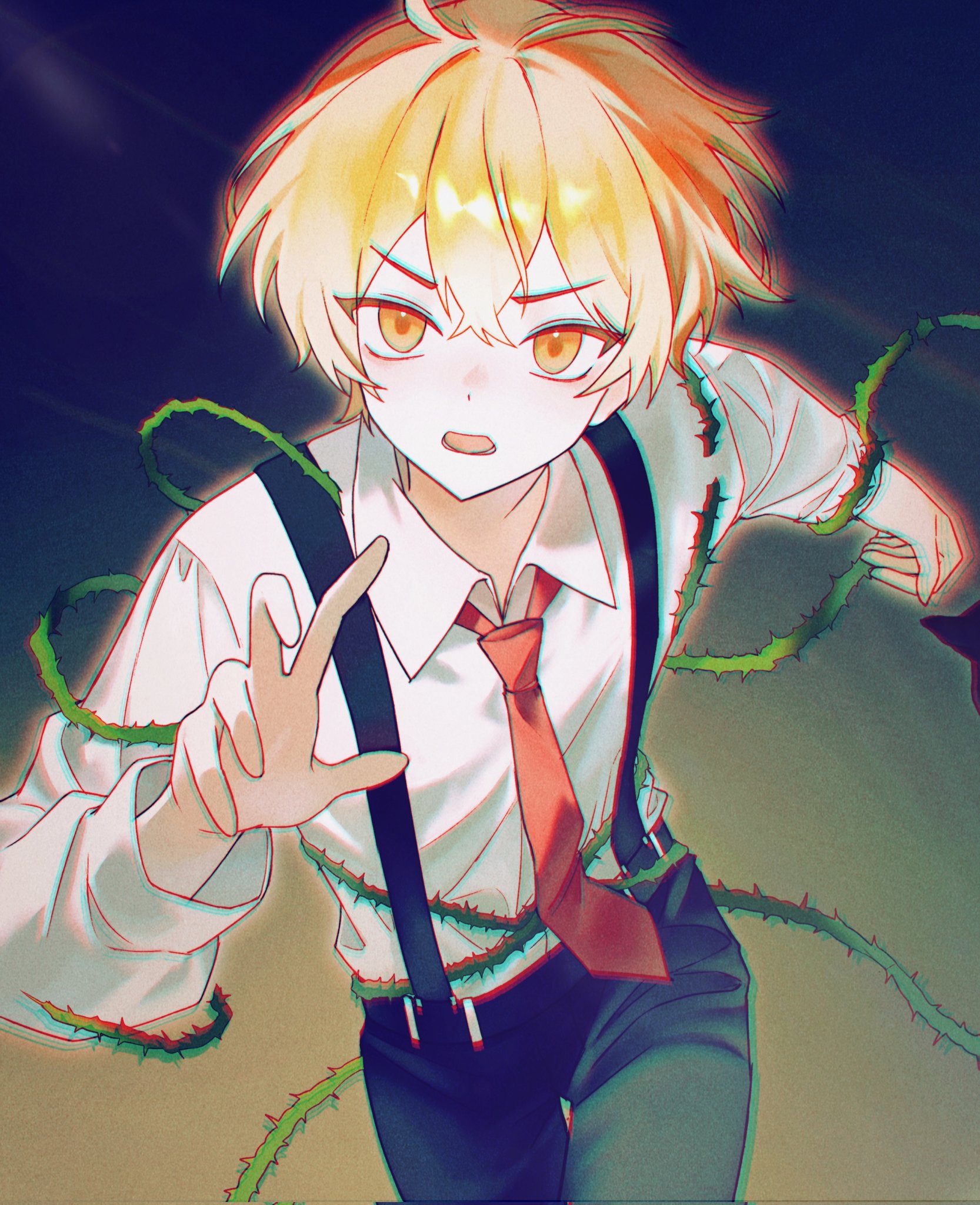buhuaixiaoguai, sinclair (project moon), limbus company, project moon, hashtag-only commentary, highres, 1boy, black pants, blonde hair, collared shirt, entangled, male focus, necktie, pants, plant, red necktie, running, shirt, short hair, solo, suspenders, vines, white shirt, yellow eyes