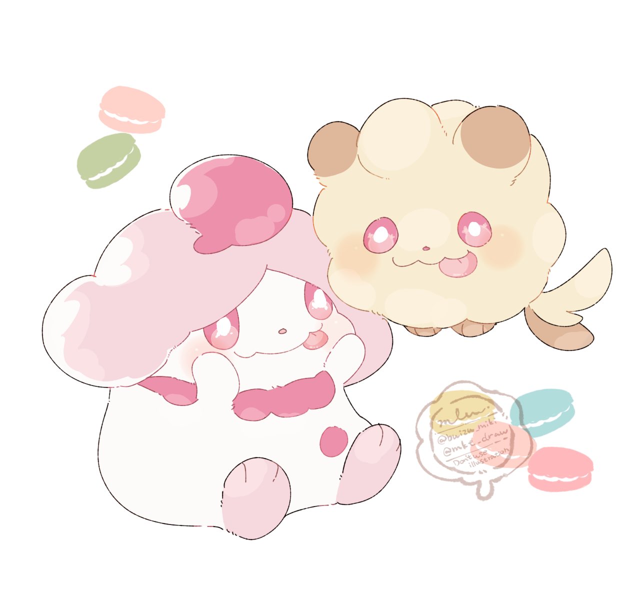 mkt (buizu-miki), slurpuff, swirlix, nintendo, pokemon, commentary request, highres, alternate color, blush, bright pupils, evolutionary line, floating, food, gen 6 pokemon, macaron, no humans, pink eyes, pokemon (creature), pokemon focus, shiny pokemon, sitting, tongue, tongue out, twitter username, white background, white pupils