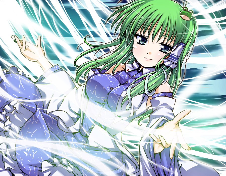kiku hitomoji, tora tooru, toru tooru, kochiya sanae, touhou, 1girl, detached sleeves, female focus, frog, green eyes, green hair, hair ornament, long hair, matching hair/eyes, snake, solo