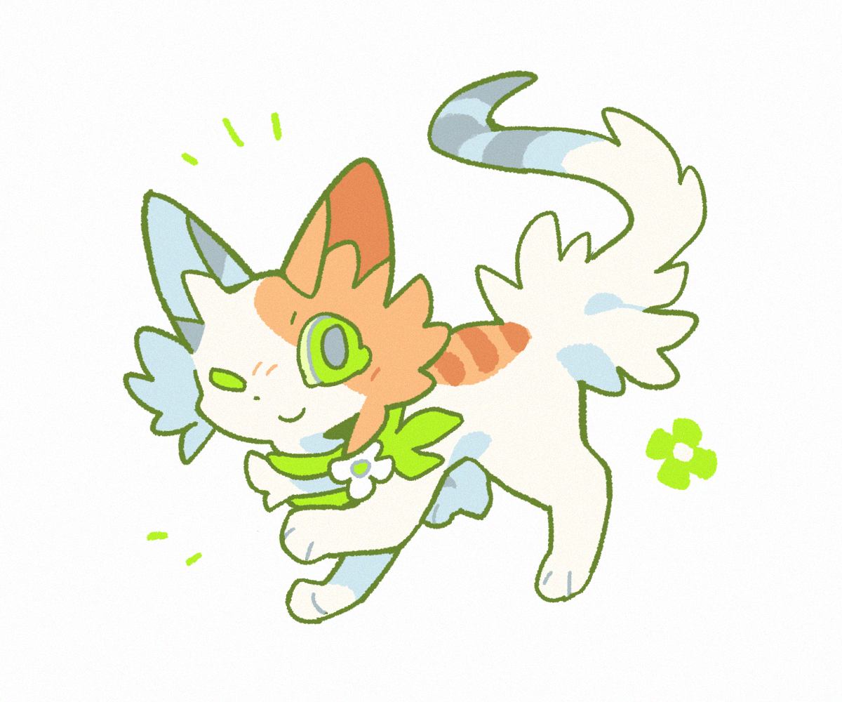 original, warrior cats, chinese commentary, commentary request, animal, animal focus, cat, colored eyelashes, flower, fluffy, full body, green eyes, looking at viewer, millet626, no humans, one eye closed, orange fur, plant, simple background, smile, solo, standing, tabby cat, thick lineart, vines, white background, white cat, white flower, white fur