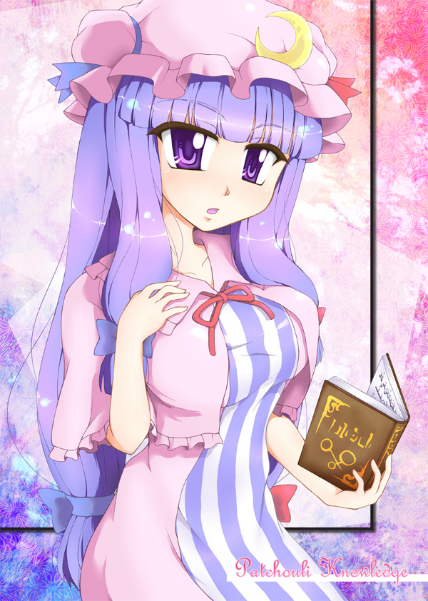 tobakko, patchouli knowledge, touhou, 1girl, book, breasts, female focus, hat, long hair, purple eyes, purple hair, solo