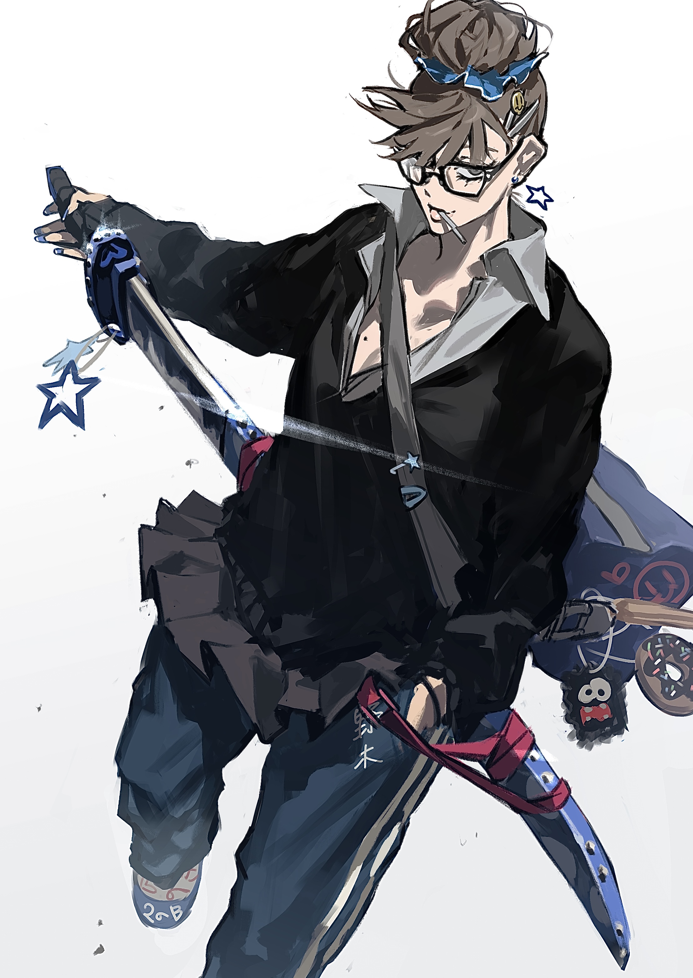 ma0ma0 0, nogi momoka, original, absurdres, highres, 1girl, bag charm, breasts, brown hair, candy, charm (object), drawing sword, earrings, food, glasses, gyaru, hair bun, hand in pocket, holding, holding sword, holding weapon, jewelry, lollipop, mole, mole on breast, pants, pants under skirt, school uniform, scrunchie, shoes, simple background, solo, star (symbol), star earrings, sword, track pants, uwabaki, weapon