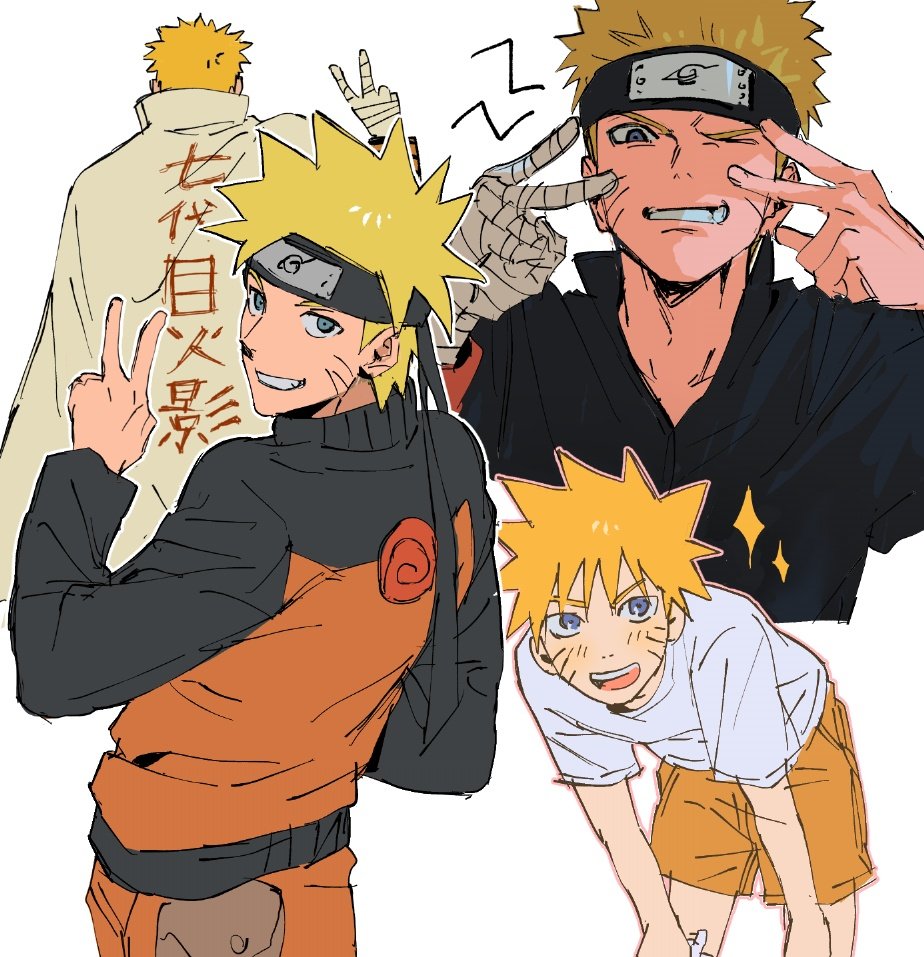 nnnhhhhh19, uzumaki naruto, naruto (series), commentary request, korean commentary, translation request, 1boy, age comparison, blonde hair, facial mark, forehead protector, grin, hokage, konohagakure symbol, male focus, multiple views, shirt, short hair, smile, sparkle, spiked hair, teeth, whisker markings, white shirt