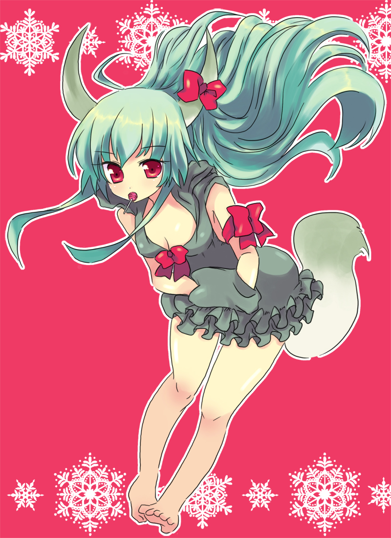 plug (artist), ex-keine, kamishirasawa keine, touhou, bad id, bad pixiv id, 1girl, barefoot, breasts, candy, feet, female focus, food, full body, green hair, horns, lollipop, long hair, mouth hold, red eyes, solo, tail