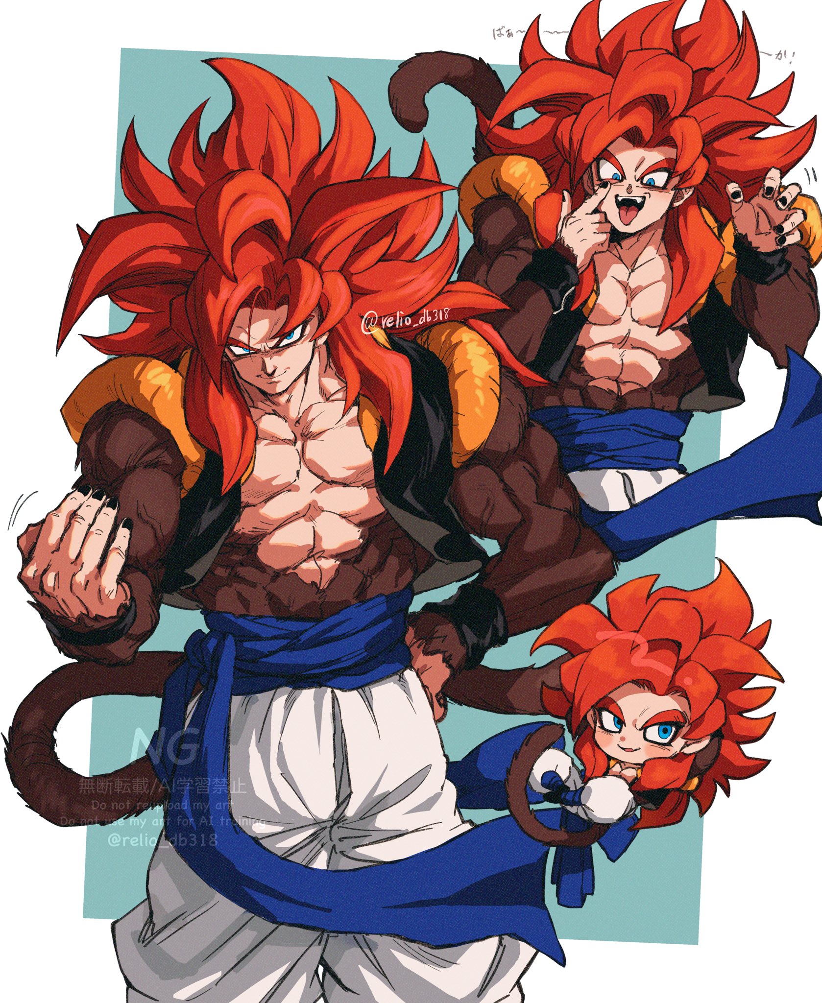 relio db318, gogeta, dragon ball, dragon ball gt, highres, 1boy, biceps, blue eyes, blue sash, body fur, looking at viewer, male focus, metamoran vest, monkey boy, monkey tail, muscular, muscular male, no nipples, pants, pectorals, red hair, sash, simple background, smile, solo, spiked hair, super saiyan, super saiyan 4, tail, veins, veiny hands, white pants