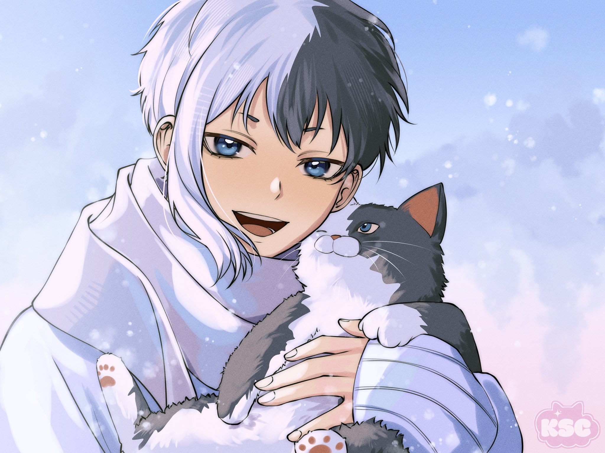 asagiri gen, dr. stone, highres, 1boy, animal, black hair, blue eyes, cat, holding, holding animal, holding cat, kuraschuu, long sleeves, looking at viewer, male focus, multicolored hair, open mouth, scarf, short hair, single sidelock, sleeves past wrists, smile, solo, split-color hair, sweater, teeth, two-tone hair, upper body, white hair