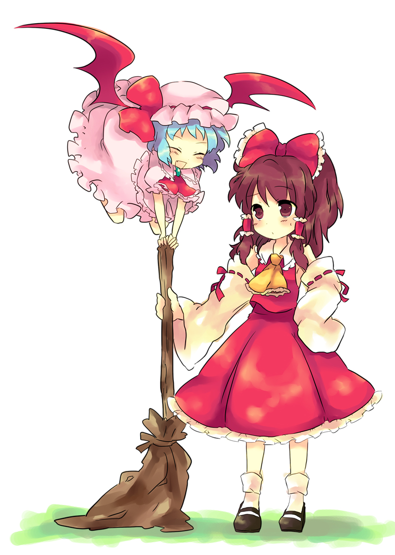 plug (artist), hakurei reimu, remilia scarlet, touhou, bad id, bad pixiv id, 2girls, bat wings, blue hair, bow, broom, brown eyes, brown hair, detached sleeves, female focus, hat, japanese clothes, miko, multiple girls, short hair, wings