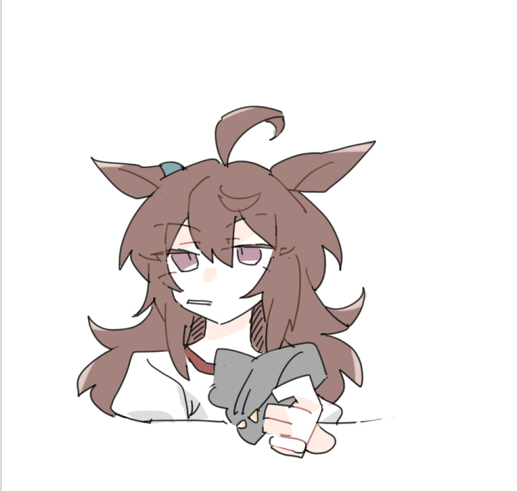 beer hsk, nakayama festa (umamusume), umamusume, 1girl, ahoge, animal ears, beanie, brown eyes, brown hair, cropped torso, ears down, grey hat, gym shirt, hair between eyes, hat, holding, holding unworn clothes, holding unworn hat, hood, horse ears, long hair, mouth hold, puffy short sleeves, puffy sleeves, shirt, short sleeves, simple background, solo, unworn hat, unworn headwear, upper body, white background, white shirt