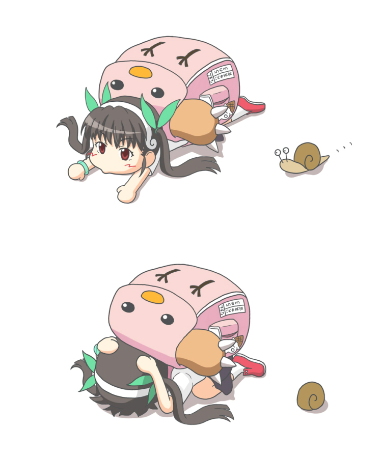 yunkaasu (kakushiaji), hachikuji mayoi, bakemonogatari, monogatari (series), 00s, 1girl, :>, backpack, bag, brown hair, chibi, cowering, hair ribbon, hairband, lying, on stomach, randoseru, red eyes, ribbon, school uniform, simple background, snail, socks, twintails, white background