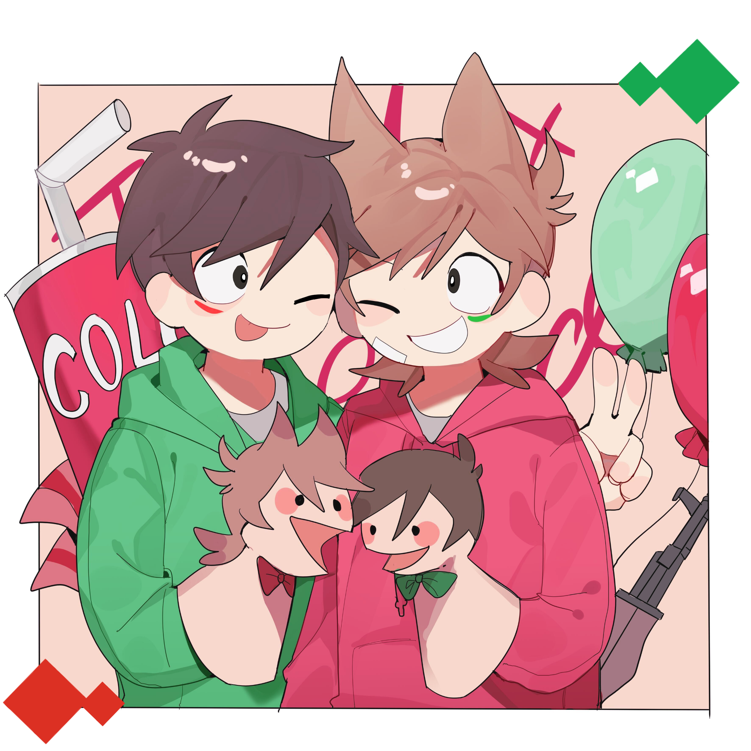 zenmerucinan, edd (eddsworld), eddsworld, absurdres, chinese commentary, commentary request, highres, 2boys, balloon, bandage on cheek, black eyes, border, bright pupils, brown hair, cheek-to-cheek, cup, drink, drinking straw, eye contact, green hoodie, grin, gun, hair ears, hand puppet, heads together, hood, hood down, hoodie, looking at another, male focus, multiple boys, one eye closed, puppet, red hoodie, short hair, simple background, smile, tongue, tongue out, tord (eddsworld), upper body, v, weapon, white border, white pupils