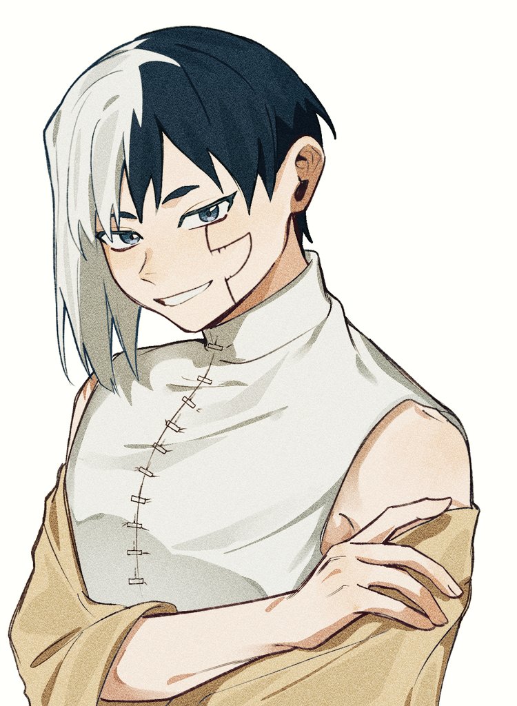 0a 9 (pixiv82791714), asagiri gen, dr. stone, 1boy, asymmetrical hair, black eyes, black hair, blue eyes, grey eyes, grin, looking at viewer, male focus, multicolored hair, shawl, shirt, short hair, simple background, sleeveless, smile, solo, split-color hair, two-tone hair, upper body, white background, white hair, white shirt