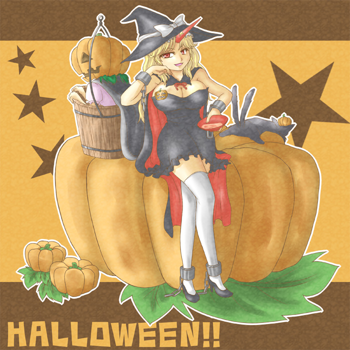 tobakko, hoshiguma yuugi, kaenbyou rin, kaenbyou rin (cat), kisume, touhou, bad id, bad pixiv id, 1girl, alcohol, blonde hair, bucket, cape, cup, female focus, green hair, halloween, hat, horns, in bucket, in container, jack-o'-lantern, long hair, pumpkin, red eyes, sakazuki, sake, short hair, single horn, thighhighs, witch, witch hat