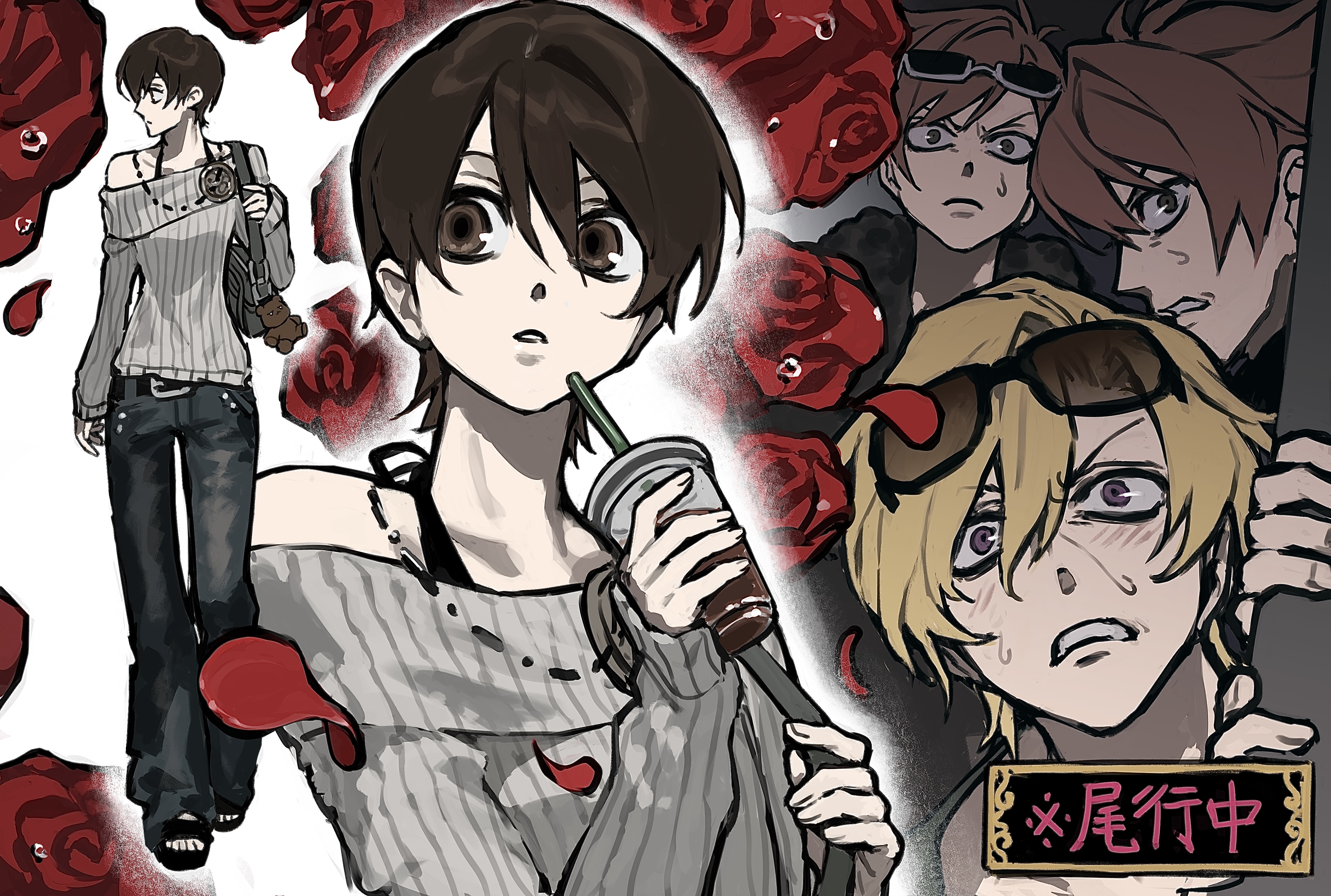 ma0ma0 0, fujioka haruhi, hitachiin hikaru, hitachiin kaoru, suou tamaki, ouran high school host club, absurdres, highres, 1girl, 3boys, bag, black-framed eyewear, black pants, blonde hair, brothers, brown eyes, brown hair, cup, disposable cup, drinking straw, eyewear on head, floral background, flower, frown, grey sweater, hair between eyes, holding, holding cup, long sleeves, looking at another, multiple boys, off-shoulder sweater, off shoulder, pants, parted lips, purple eyes, red flower, red rose, ribbed sweater, rose, sanpaku, short hair, shoulder bag, siblings, sunglasses, sweat, sweater, twins, v-shaped eyebrows, white-framed eyewear