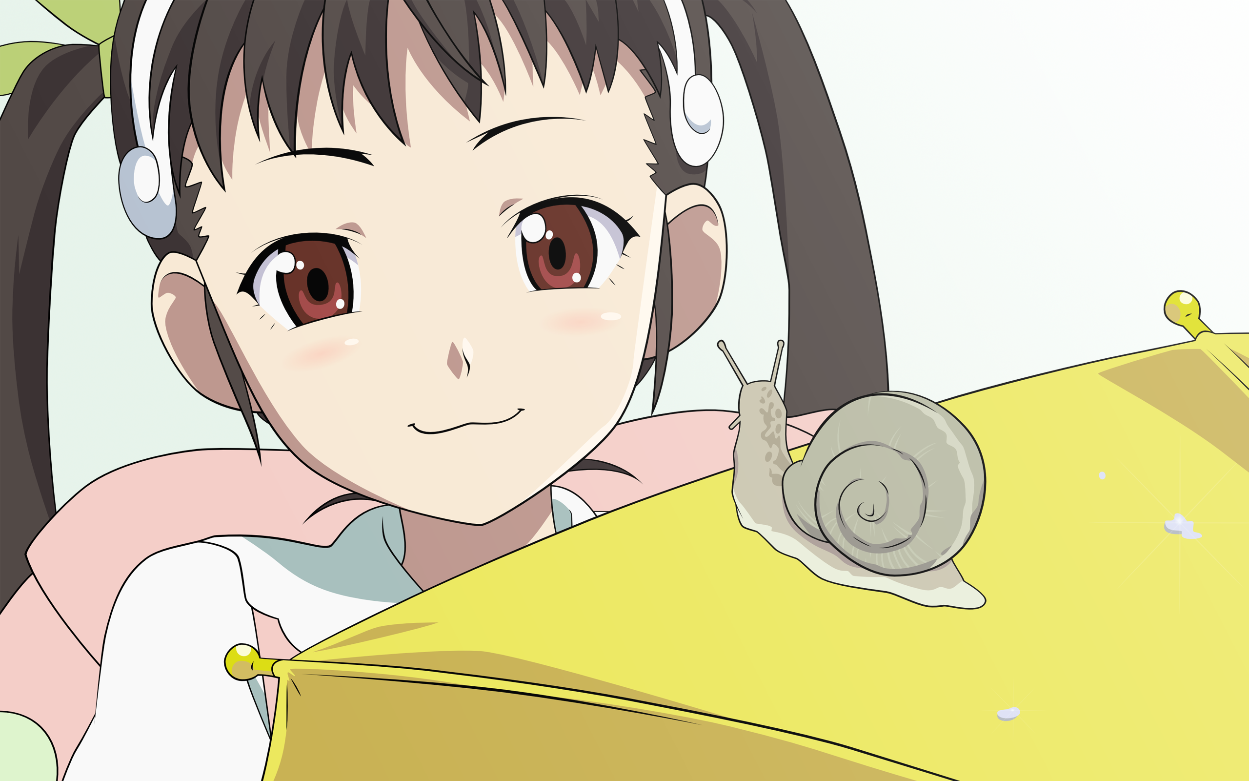 hachikuji mayoi, bakemonogatari, monogatari (series), derivative work, highres, vector trace, 00s, 1girl, :3, backpack, bag, blush, brown hair, female focus, hair ribbon, hairband, portrait, randoseru, red eyes, ribbon, school uniform, snail, solo, twintails, umbrella