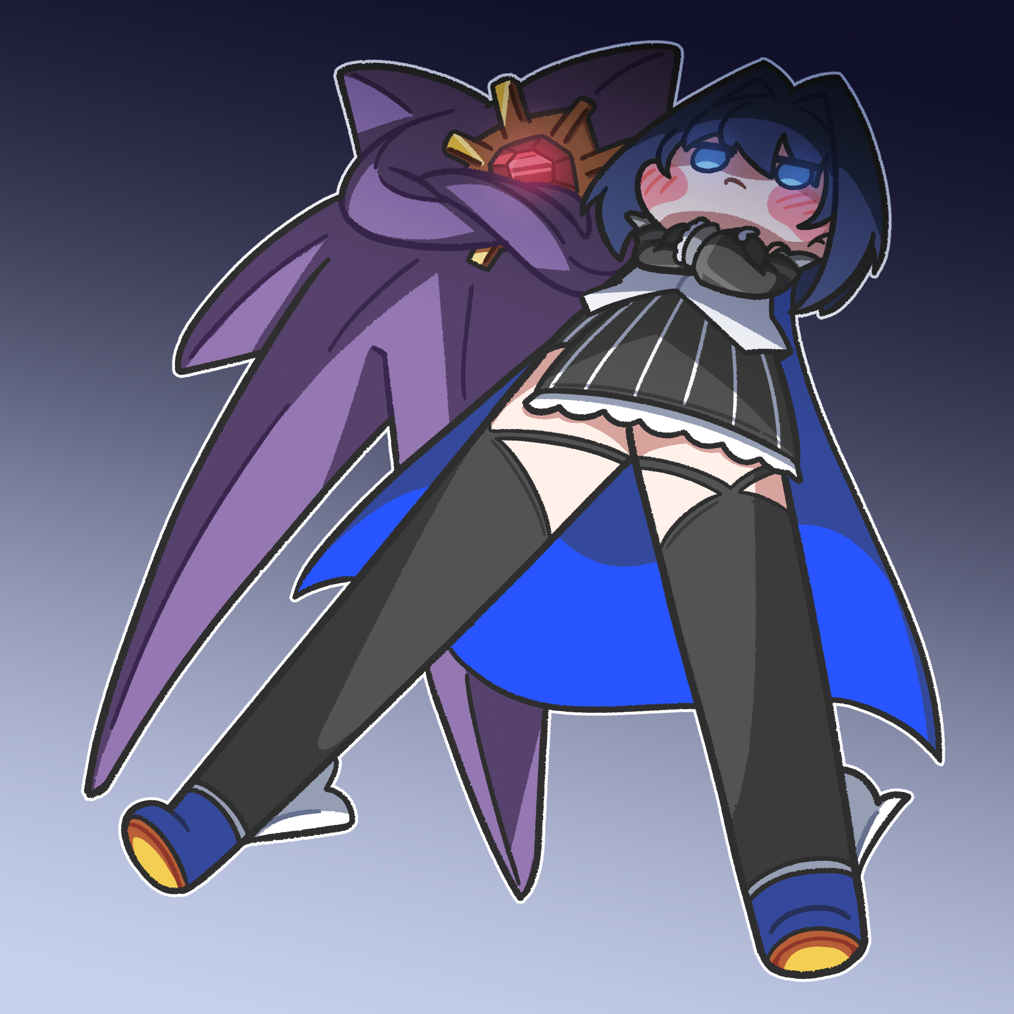 kkeulna, mega starmie, ouro kronii, ouro kronii (1st costume), starmie, hololive, hololive english, nintendo, pokemon, commentary, english commentary, highres, 1girl, 1other, alternate form, black thighhighs, blue cape, blue eyes, blue hair, blue shoes, blush stickers, cape, chest jewel, colored skin, detached sleeves, frilled skirt, frills, from below, frown, gem, gen 1 pokemon, glowing, glowing eyes, gradient background, grey background, hair intakes, half-skirt, jitome, juliet sleeves, long legs, long sleeves, medium hair, no pupils, pokemon (creature), puffy sleeves, purple background, purple skin, red gemstone, shirt, shoes, skirt, standing, striped clothes, striped skirt, thighhighs, virtual youtuber, white shirt