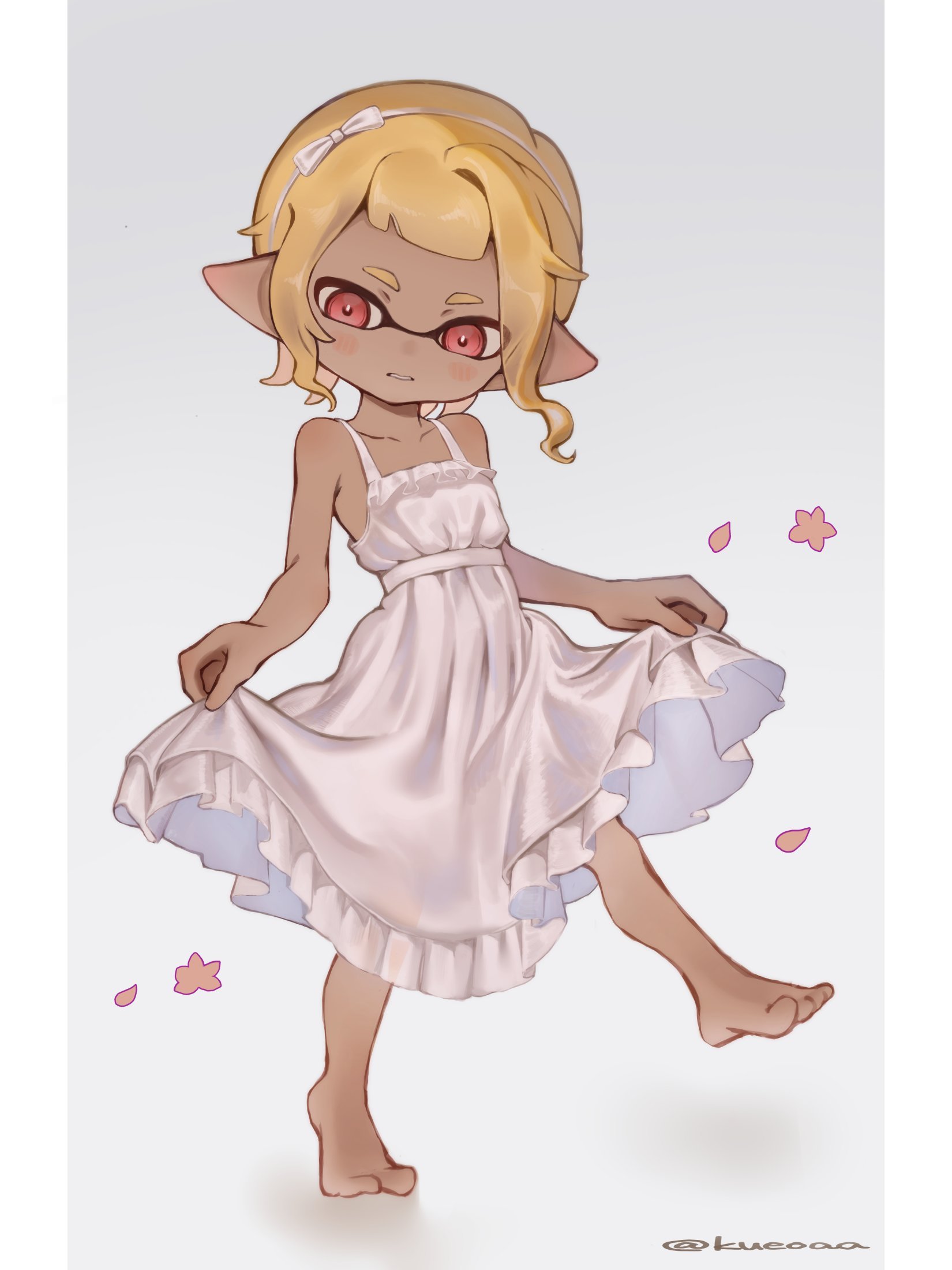 inkling girl, inkling player character, nintendo, splatoon (series), commentary request, highres, 1girl, barefoot, blonde hair, clothes lift, collarbone, dark-skinned female, dark skin, dress, dress lift, feet, grey background, hairband, inkling, kueoaa, pillarboxed, red eyes, solo, standing, standing on one leg, toes, white dress, white hairband